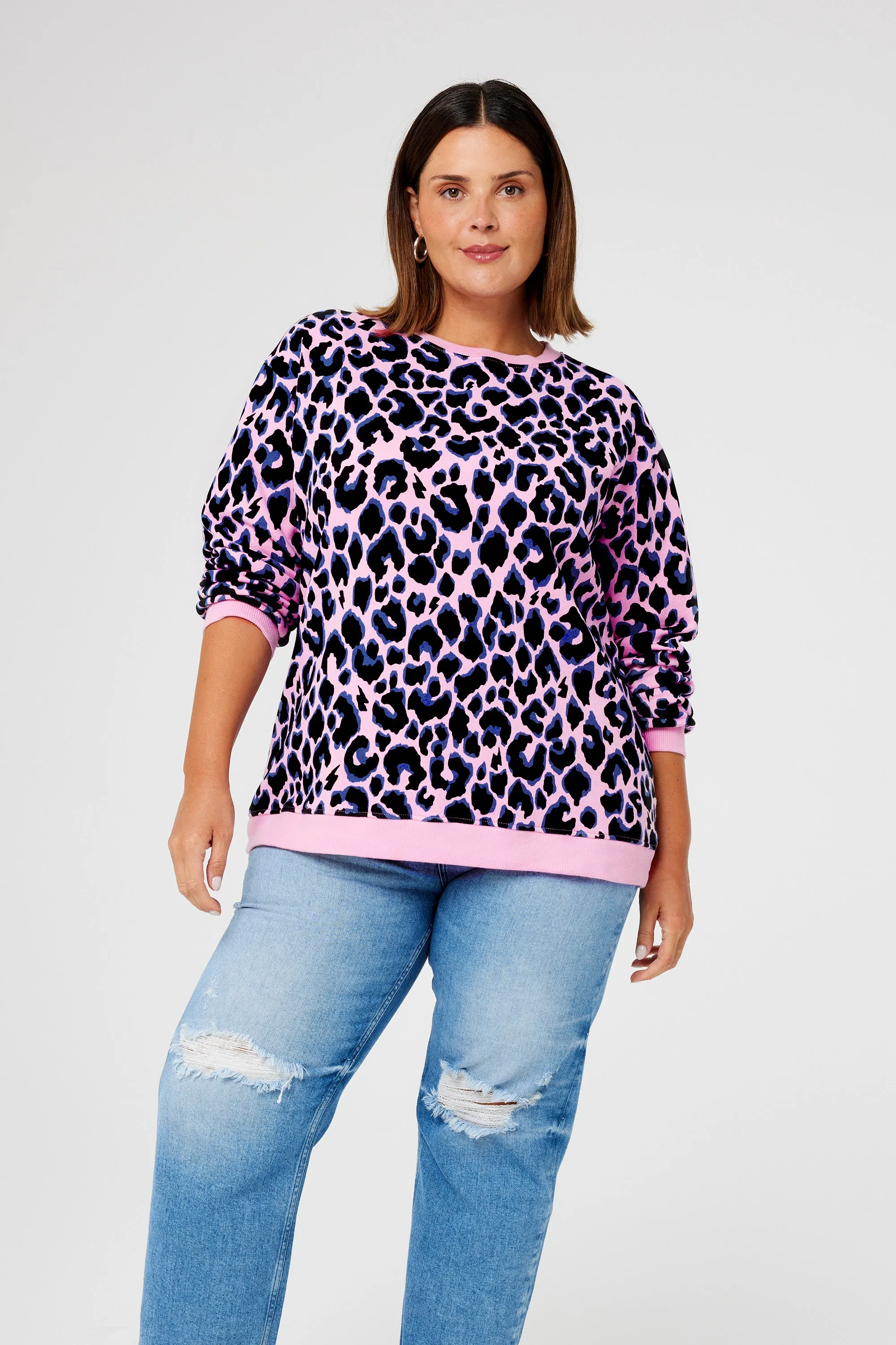 Pink with Blue and Black Shadow Leopard Oversized Sweatshirt Home Relaxation