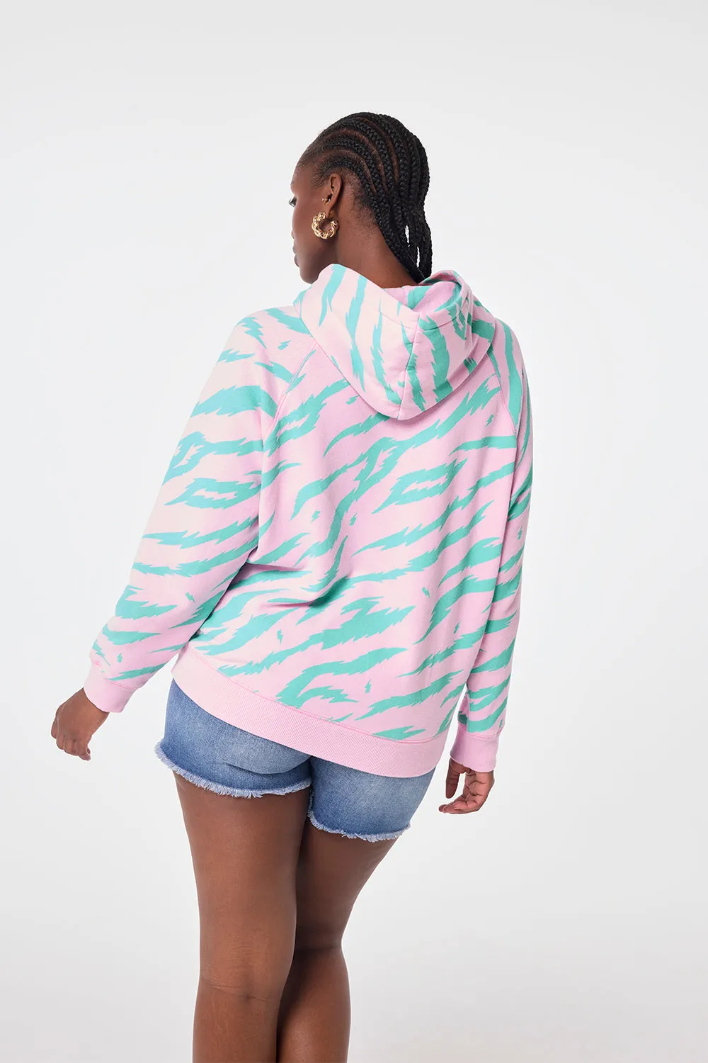 Pink with Green Tiger Print Relaxed Hoodie Artistic Detail