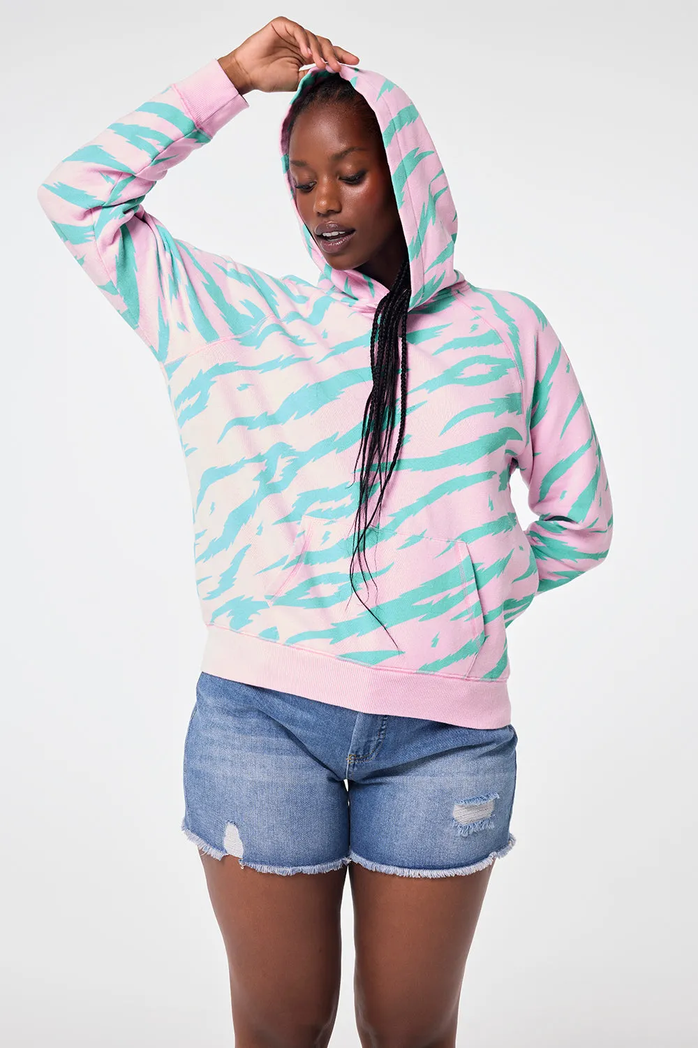 Casual Layer Pink with Green Tiger Print Relaxed Hoodie