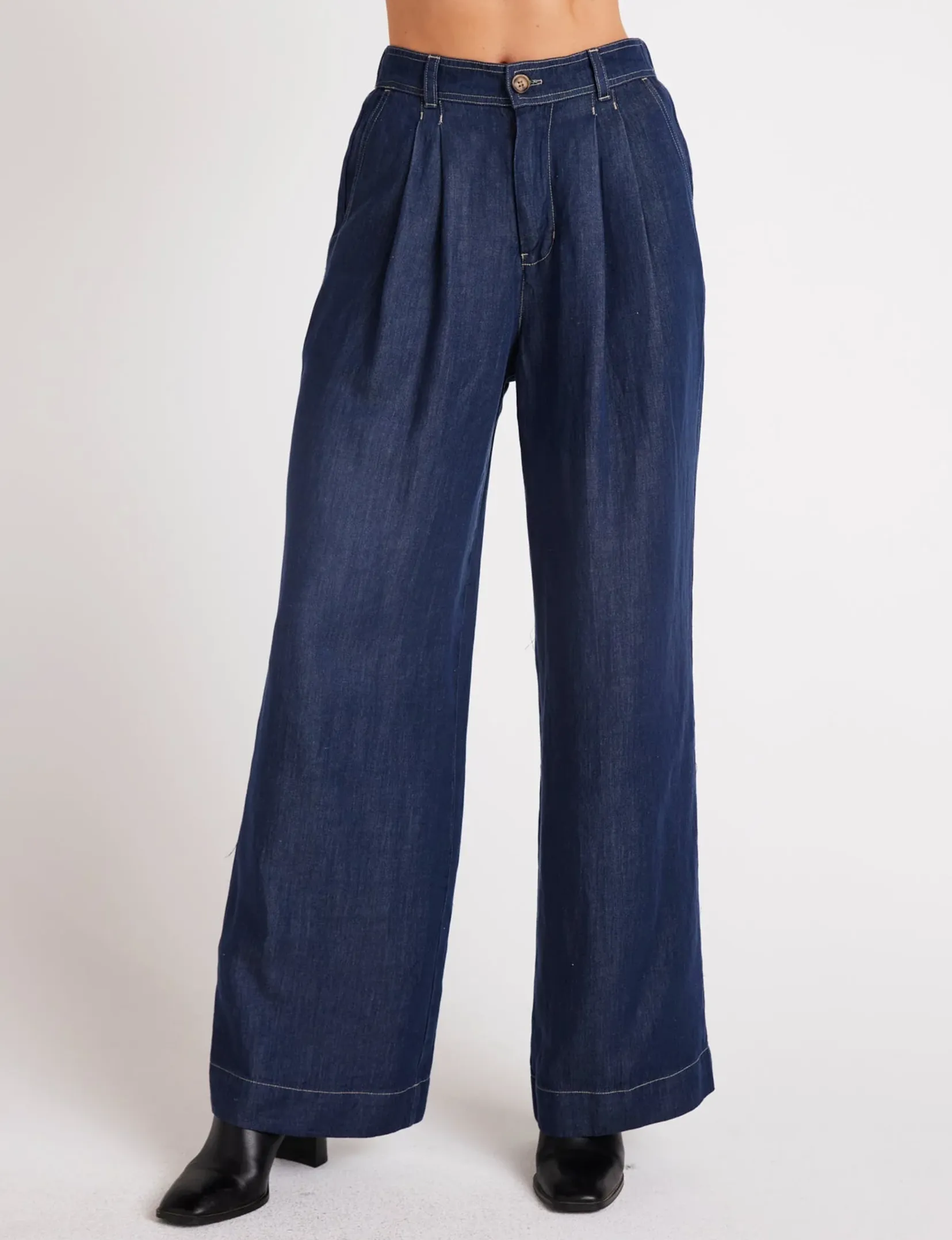 All Day Wear Soft Eco Friendly Pleated Wide Leg Pant, Dark Denim