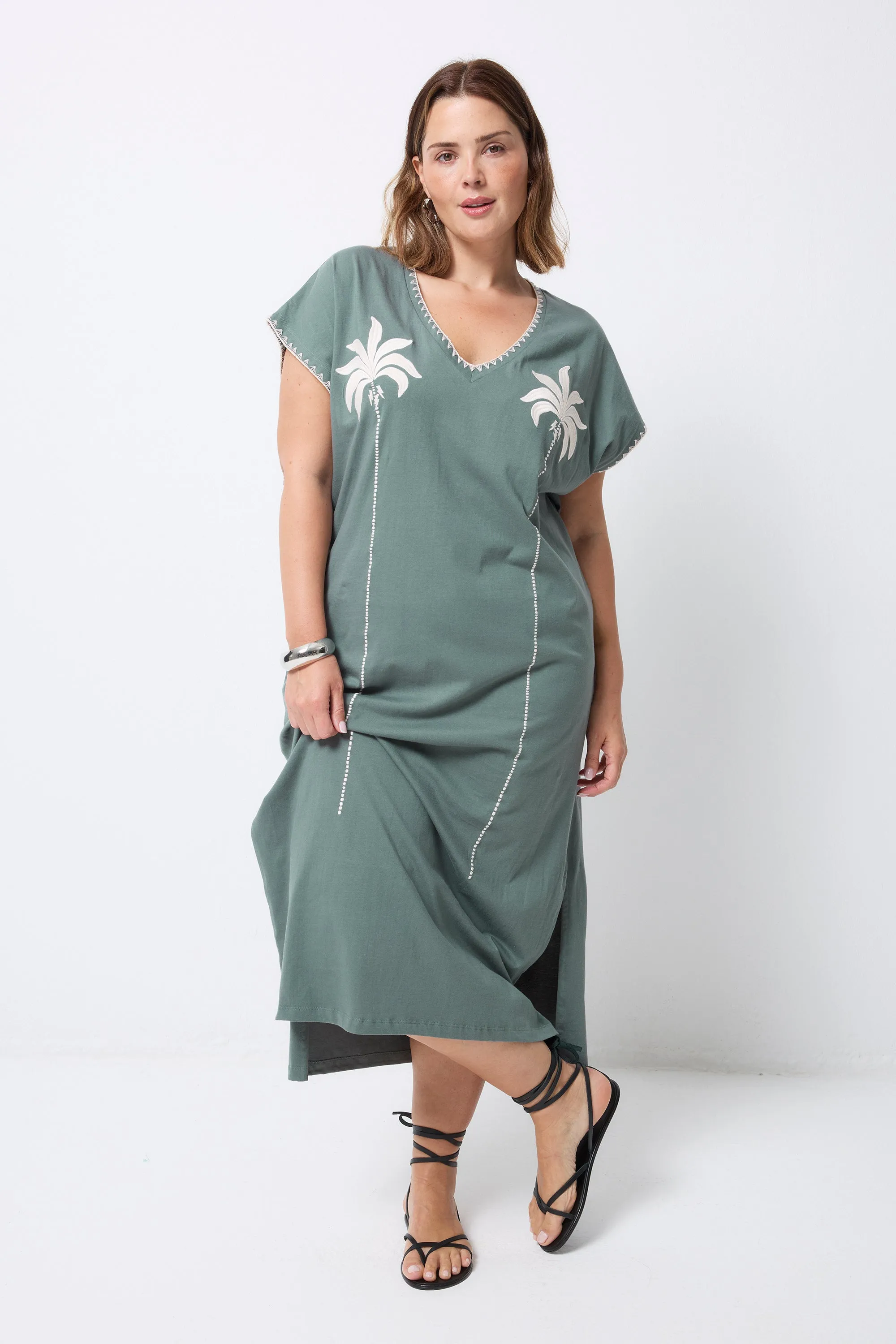 Smooth Flow Khaki with Embroidered Palm Trees V-Neck Midi T-Shirt Dress