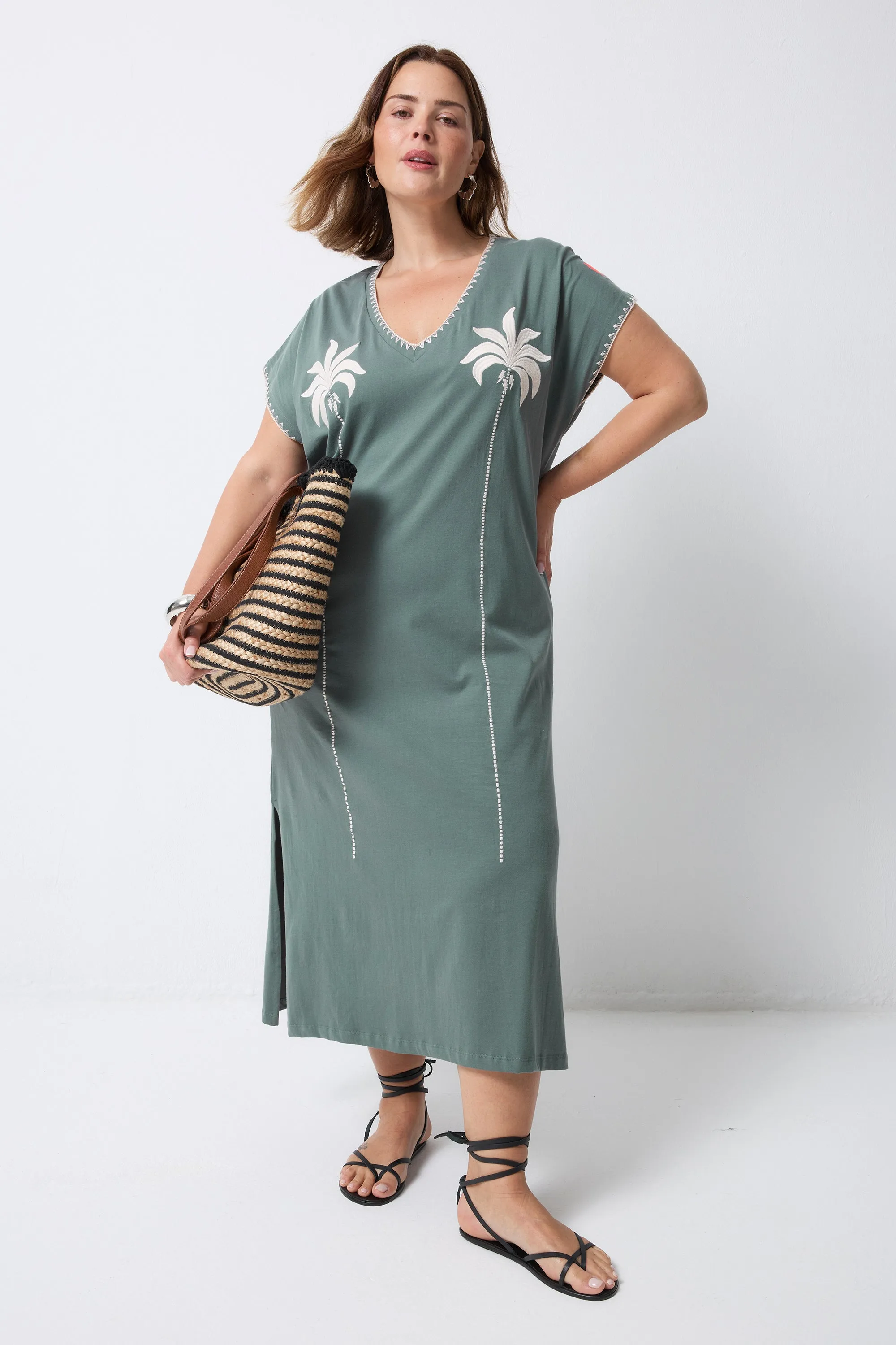 Linen Chic Subtle design Khaki with Embroidered Palm Trees V-Neck Midi T-Shirt Dress