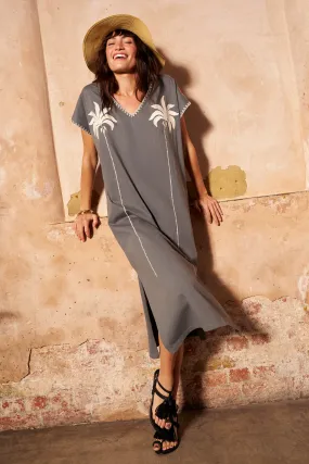 Khaki with Embroidered Palm Trees V-Neck Midi T-Shirt Dress Style Ease