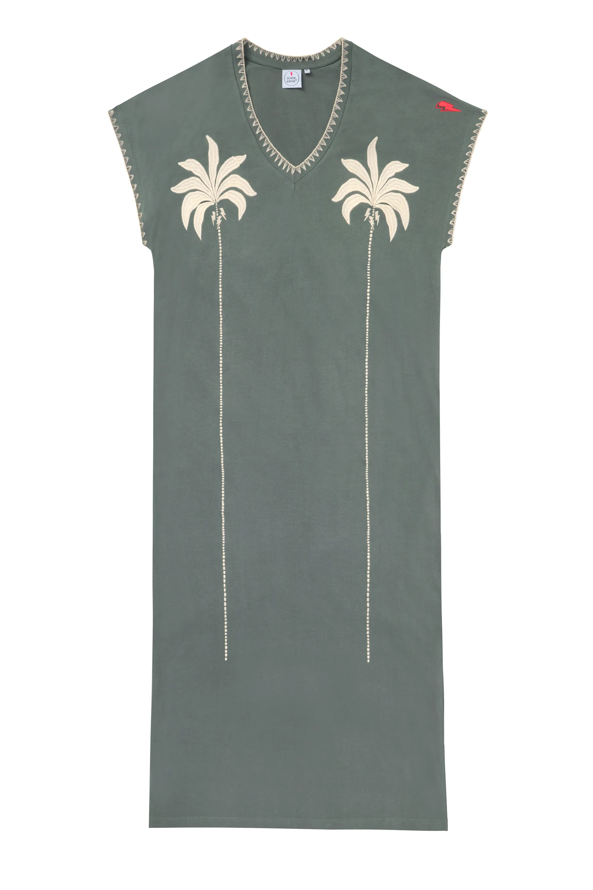 Khaki with Embroidered Palm Trees V-Neck Midi T-Shirt Dress Sophisticated Elegance