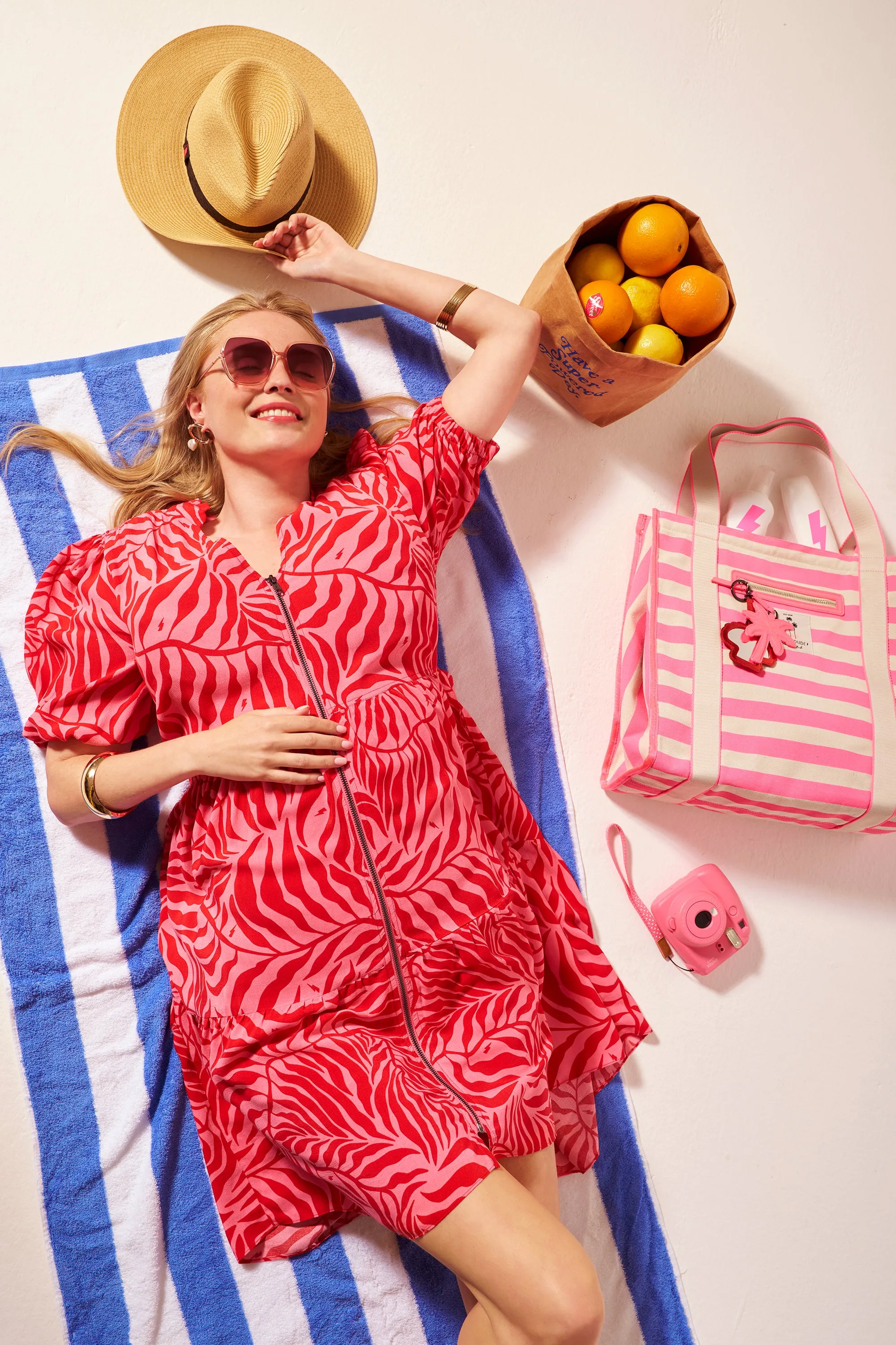 Pink and Red Palm Zip Detail Tiered Short Dress Effortless Pair All Time