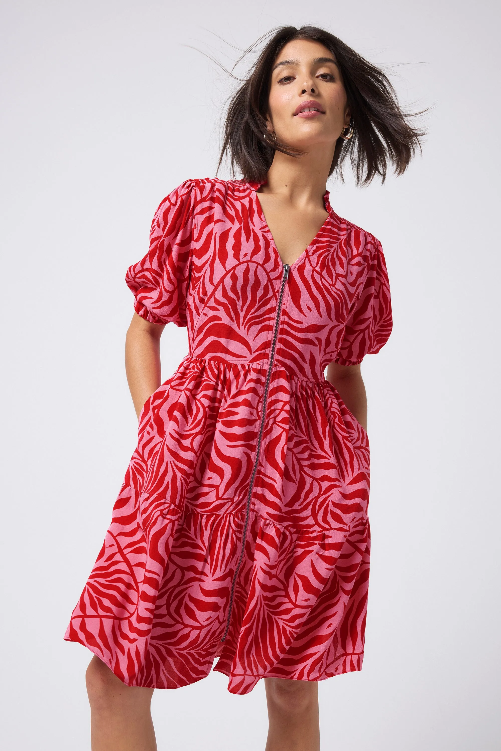 Pink and Red Palm Zip Detail Tiered Short Dress Dressy Glow Summer Ready