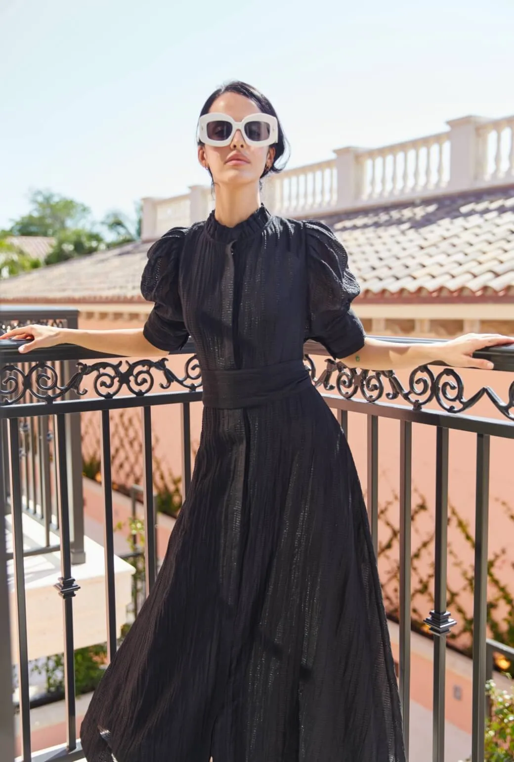 Puff Sleeve Day Gown - MAXI - Sheer Black Soft Lines Light Rhythm