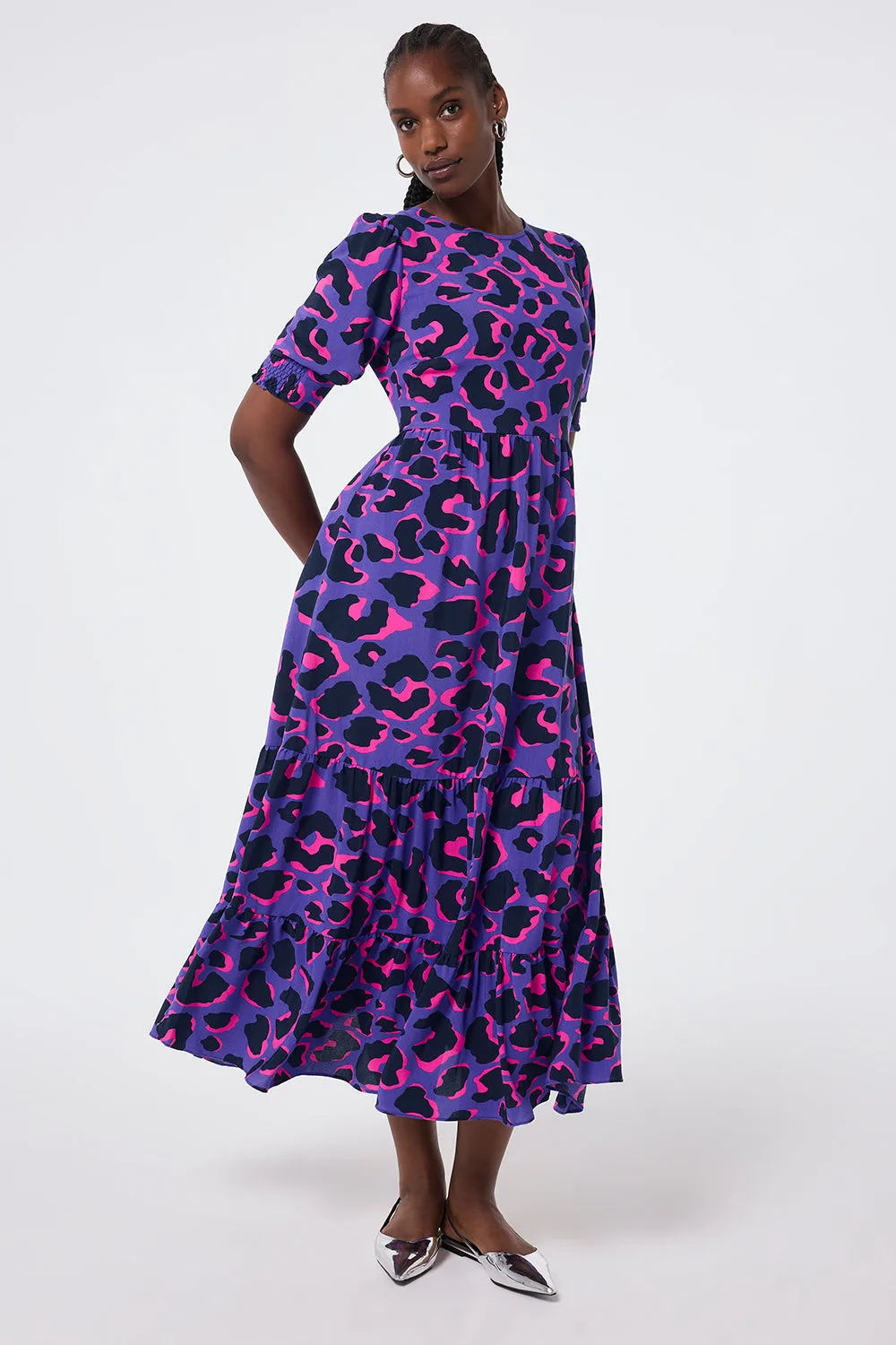Purple with Pink and Black Snow Leopard Maxi Dress Silky Silhouette Autumn Ready
