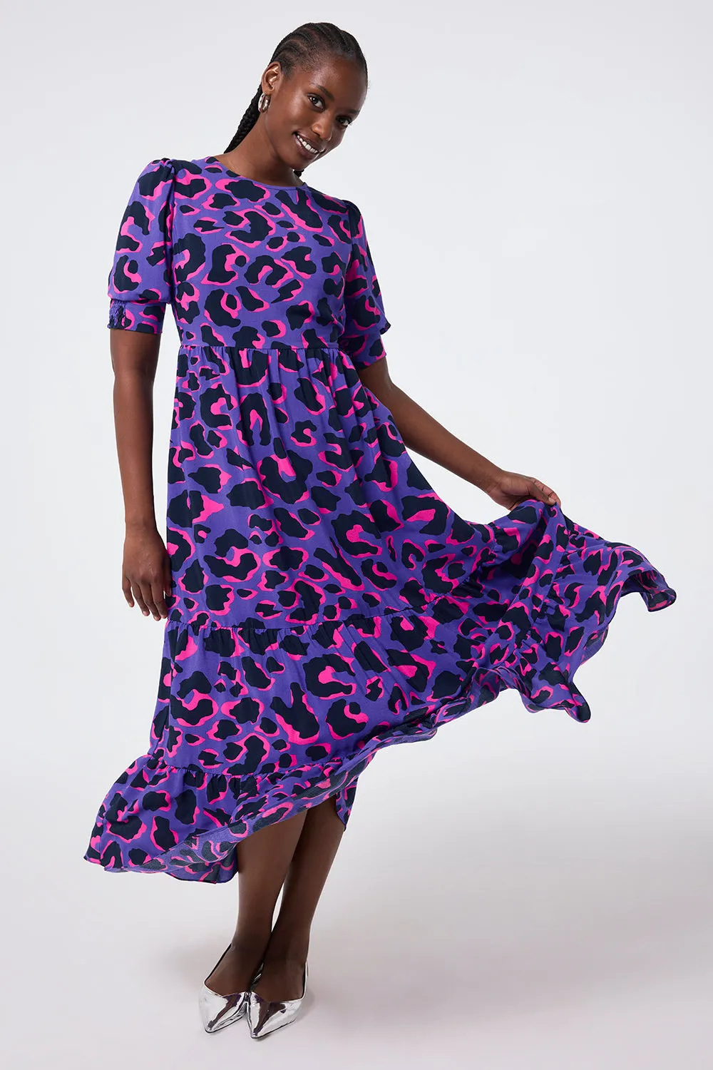 Fresh Stitch Purple with Pink and Black Snow Leopard Maxi Dress