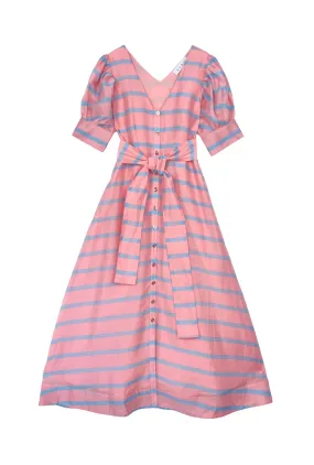 and Effortless fit dress. Casual Fit Deep V Puff Sleeve Day Gown - MAXI - Blue Stripe
