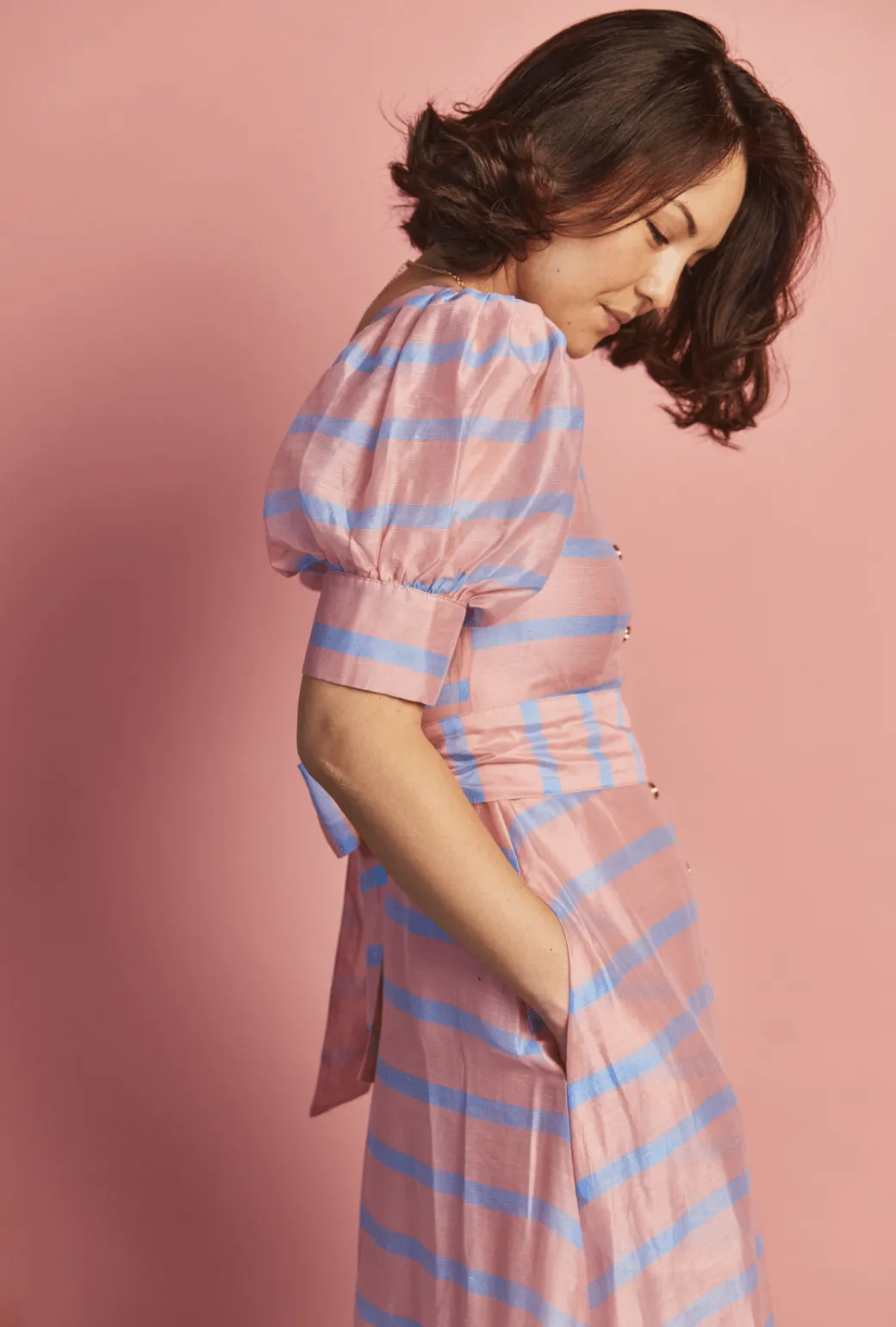 Deep V Puff Sleeve Day Gown - MAXI - Blue Stripe Outfit Boost
