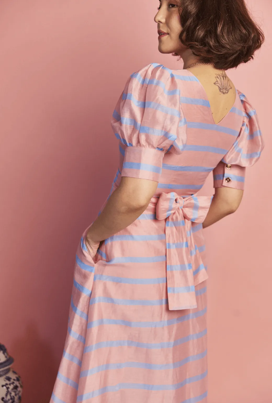 Year Round Deep V Puff Sleeve Day Gown - MAXI - Blue Stripe