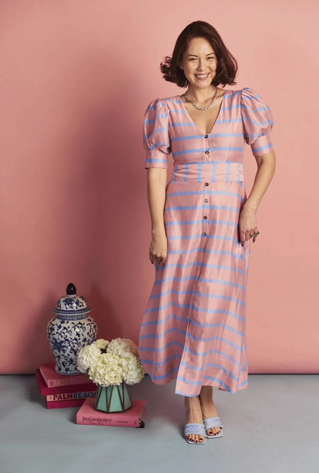 Deep V Puff Sleeve Day Gown - MAXI - Blue Stripe Modern Waistband