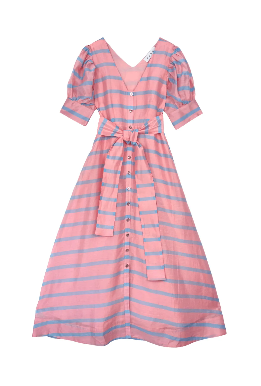 and Effortless fit dress. Casual Fit Deep V Puff Sleeve Day Gown - MAXI - Blue Stripe
