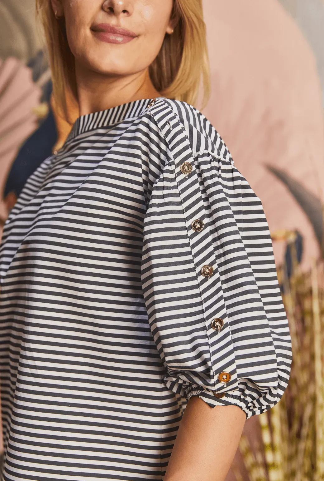 MoistureWicking TaglessNecklineComfort Button Sleeve Top - Black and White Stripe