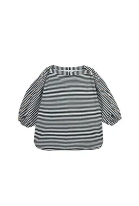 Self Fabric Tie Closure Button Sleeve Top - Black and White Stripe
