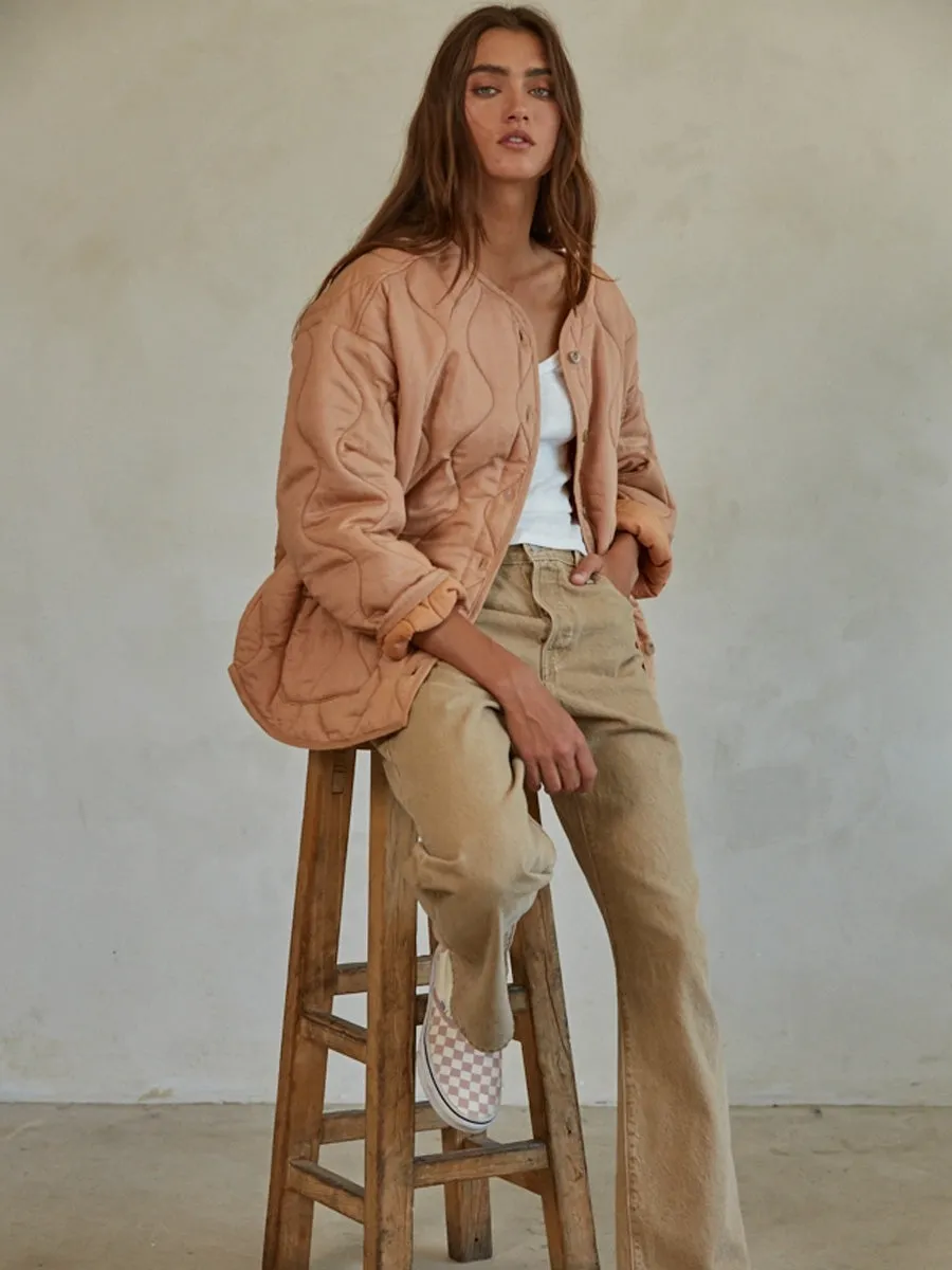 QUILTED BUTTON DOWN JACKET - WARM SALMON Dry Weather Look