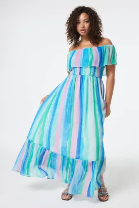 Soft Tone Urban Feel Rainbow Stripe Bardot Maxi Dress
