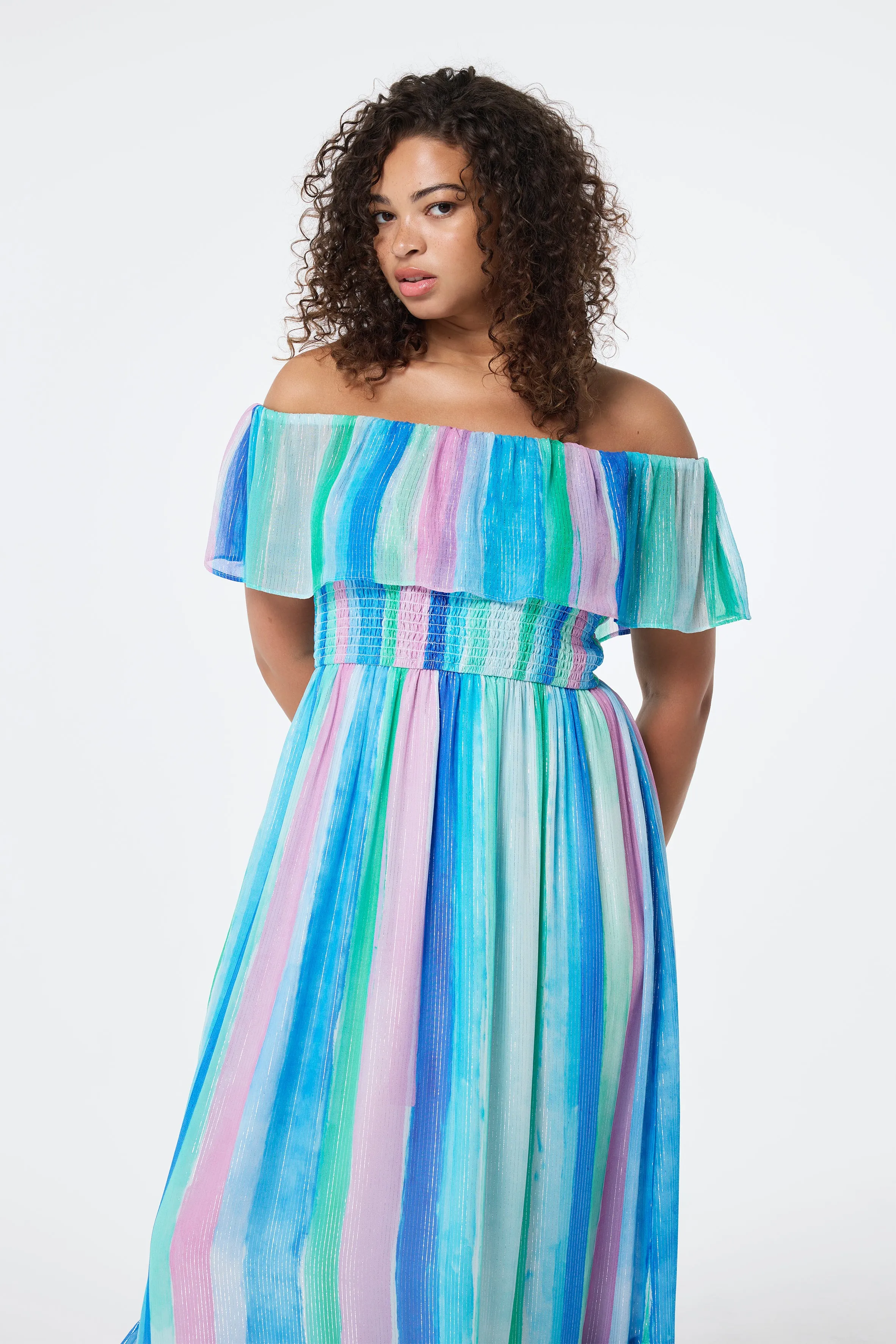 Rainbow Stripe Bardot Maxi Dress Easy Match Tulle Flow