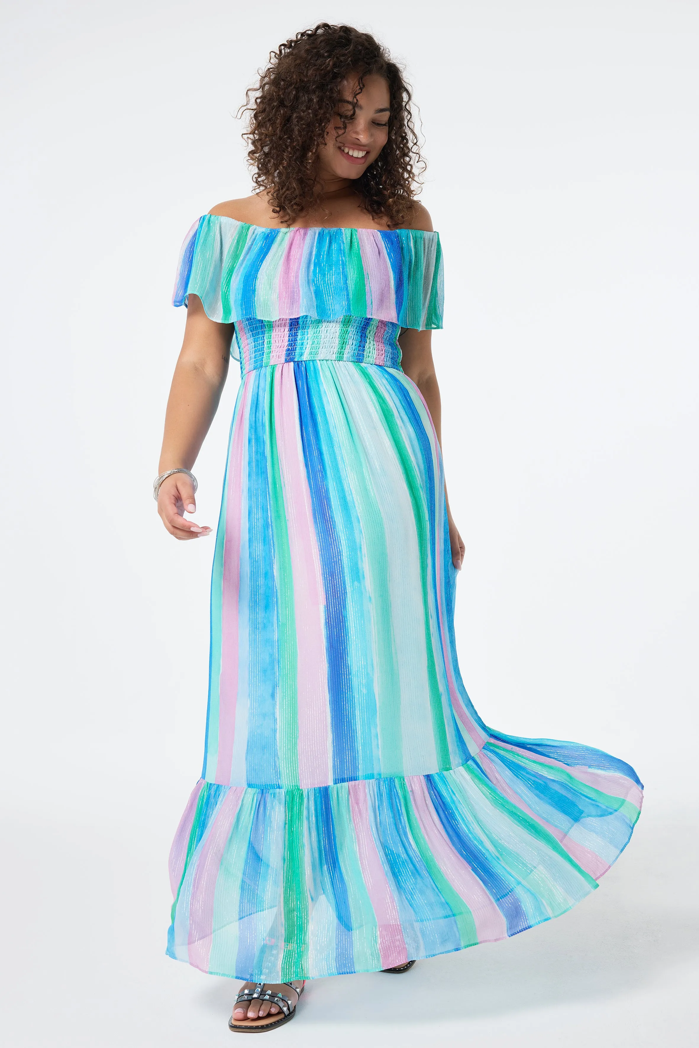 Effortless Mood Artistic Shape Rainbow Stripe Bardot Maxi Dress