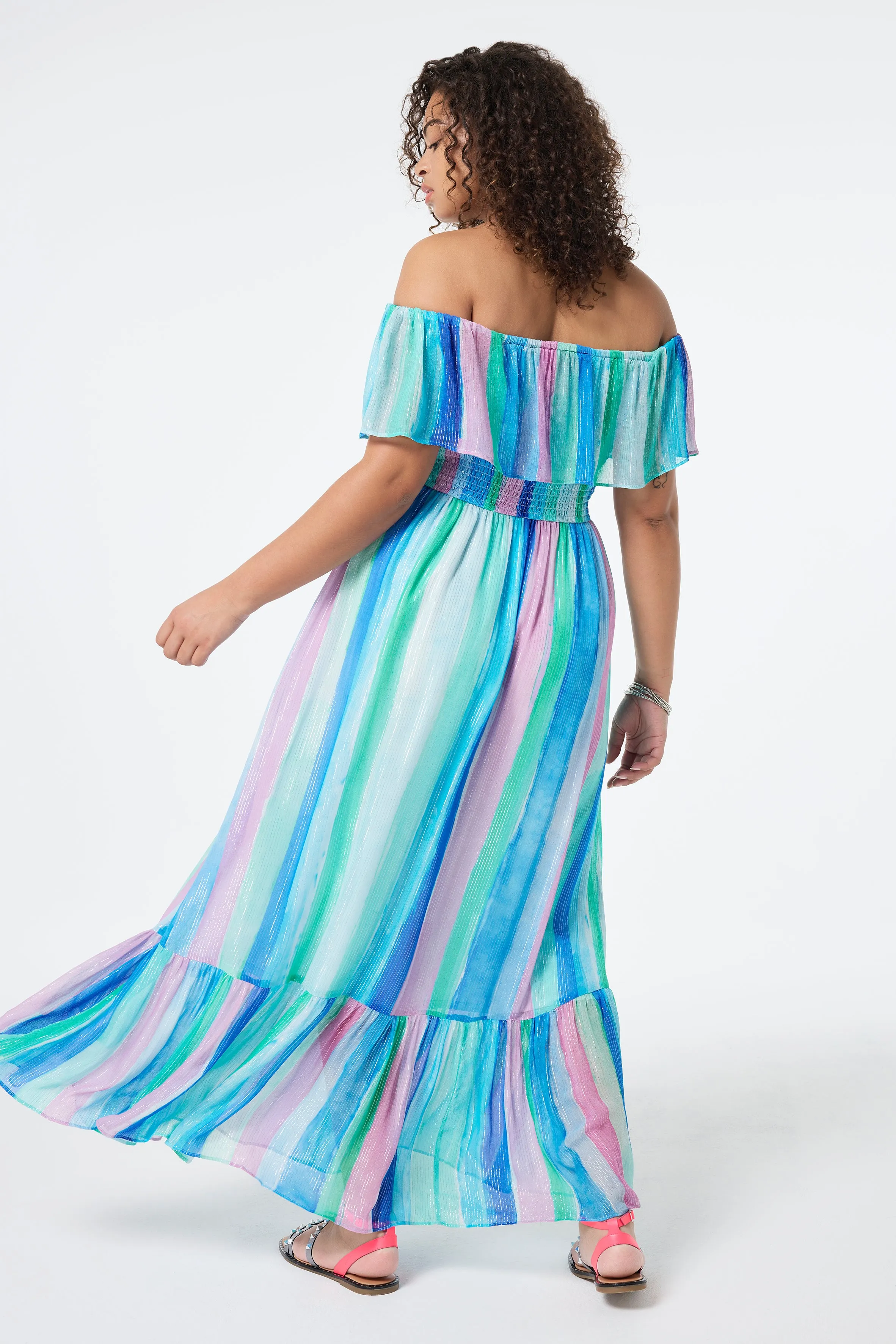 Rainbow Stripe Bardot Maxi Dress Glossy-Finish