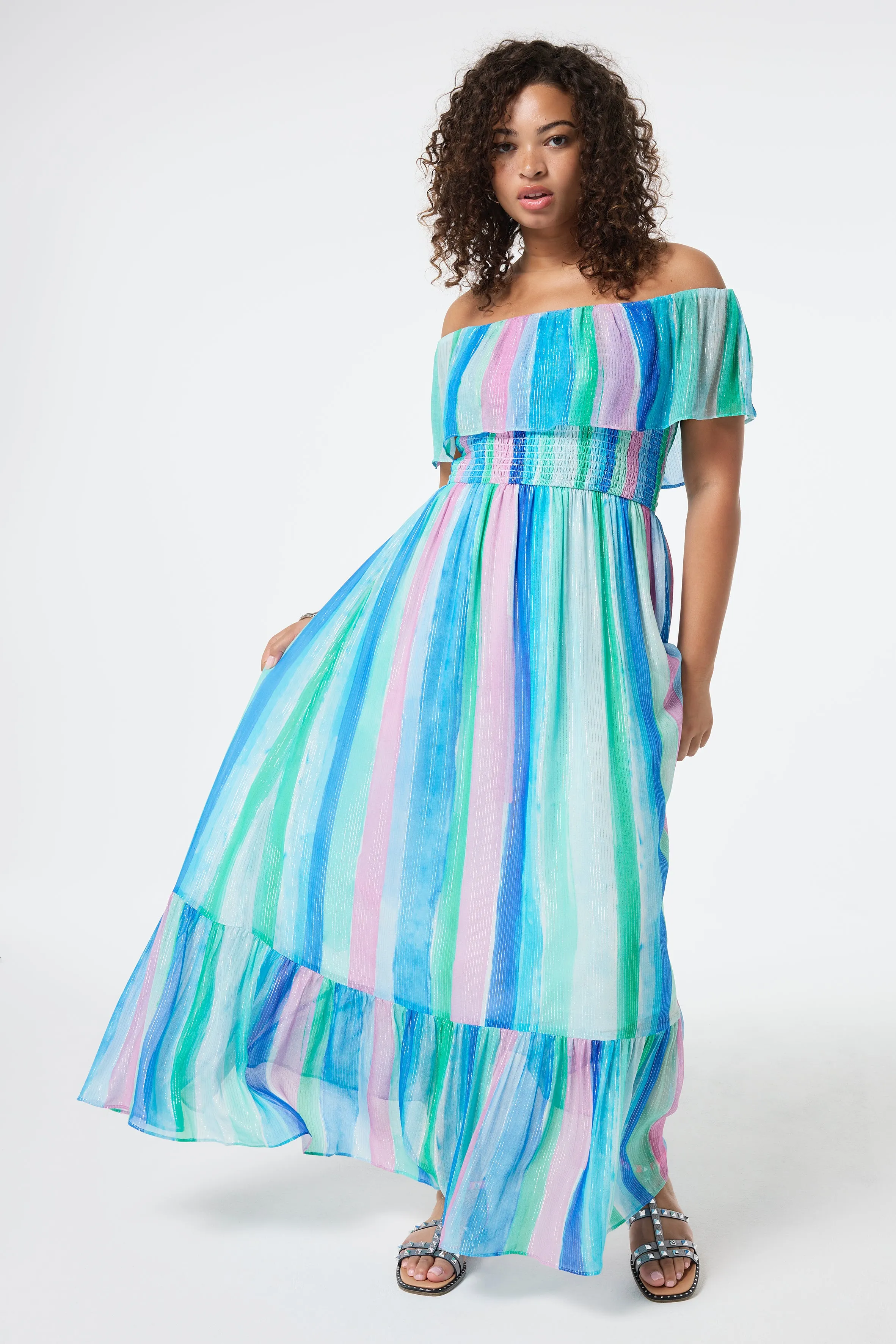 Soft Tone Urban Feel Rainbow Stripe Bardot Maxi Dress