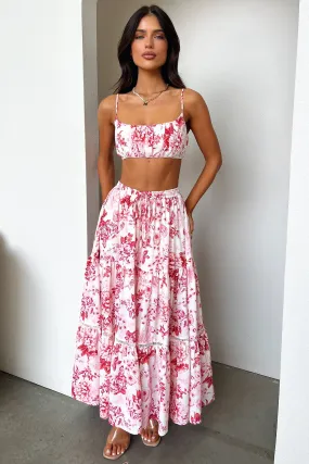 Natural Mood Polka Dot Kei Maxi Skirt - Pink / Red Floral