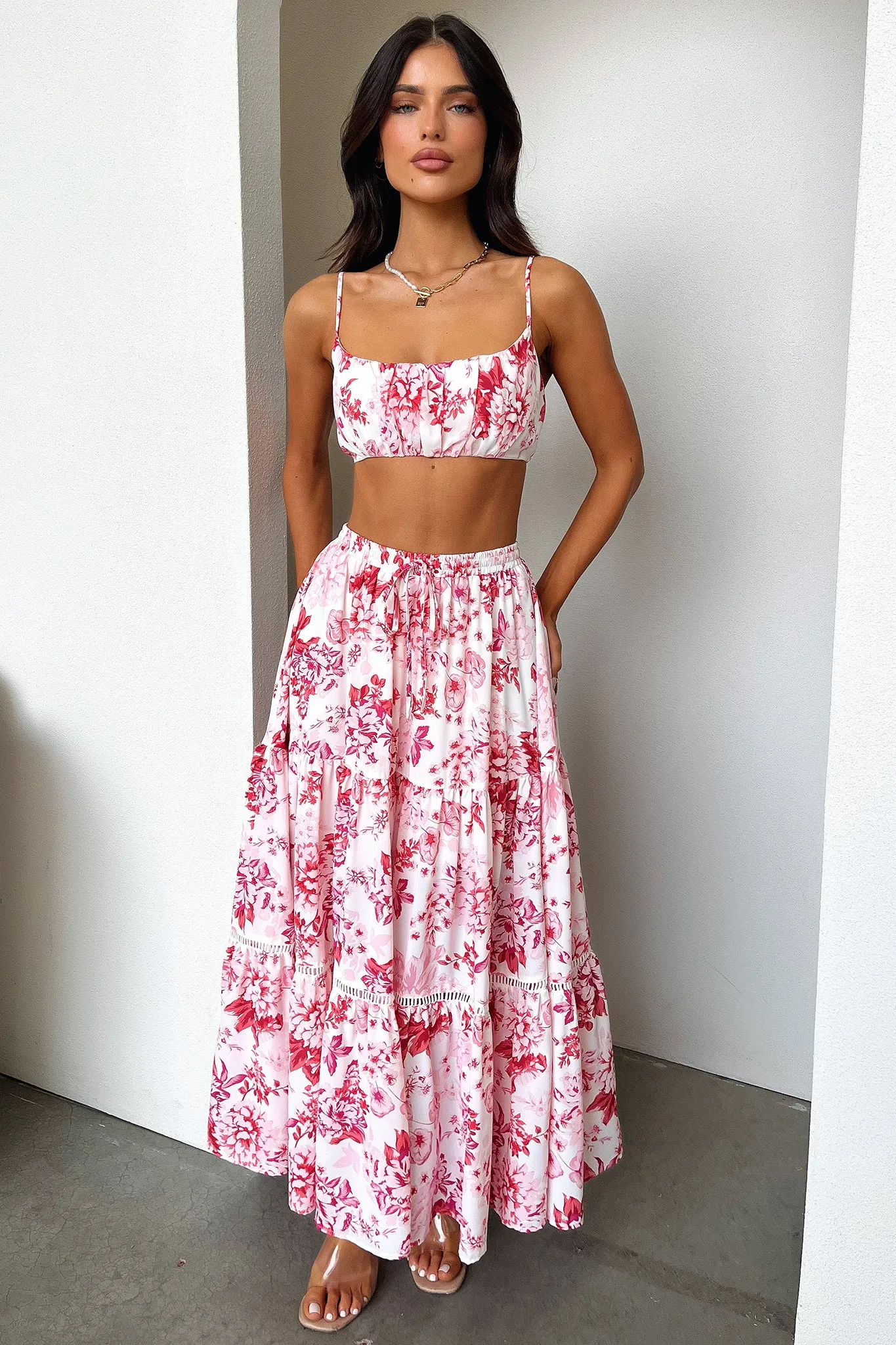 Natural Mood Polka Dot Kei Maxi Skirt - Pink / Red Floral