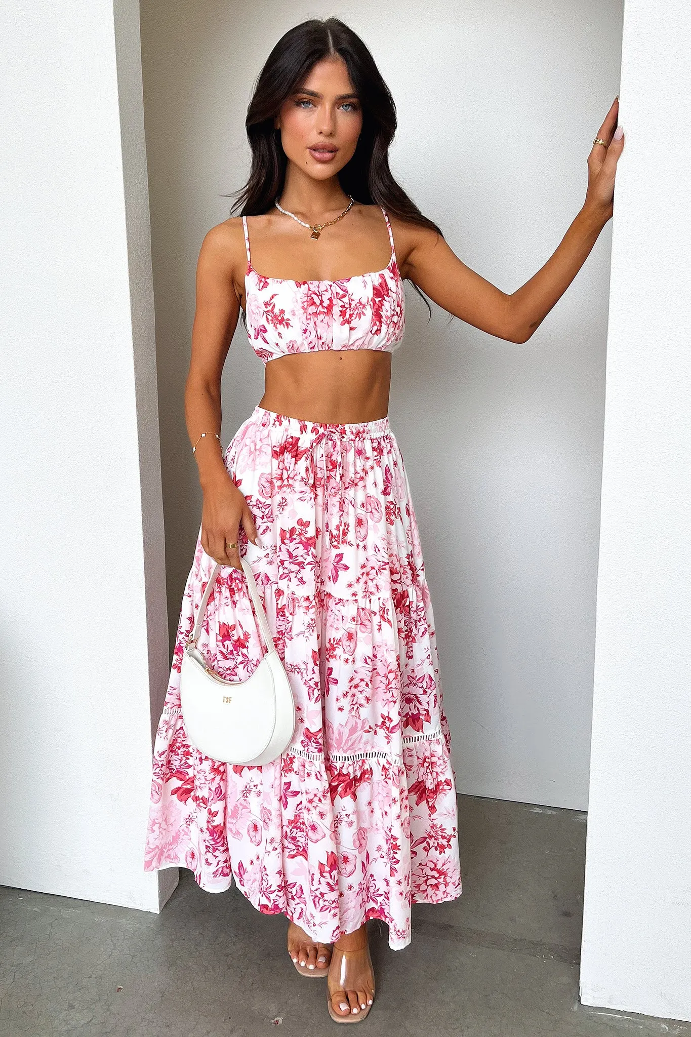 Wrap Closure Drawstring closure Kei Maxi Skirt - Pink / Red Floral