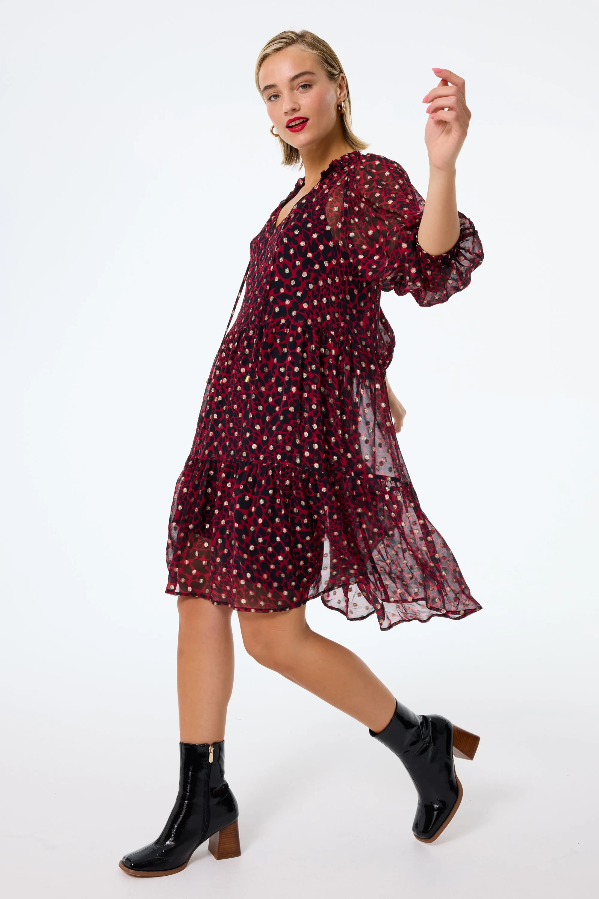 Red with Black and Gold Foil Chiffon Tiered Short Dress Sophisticated Cut