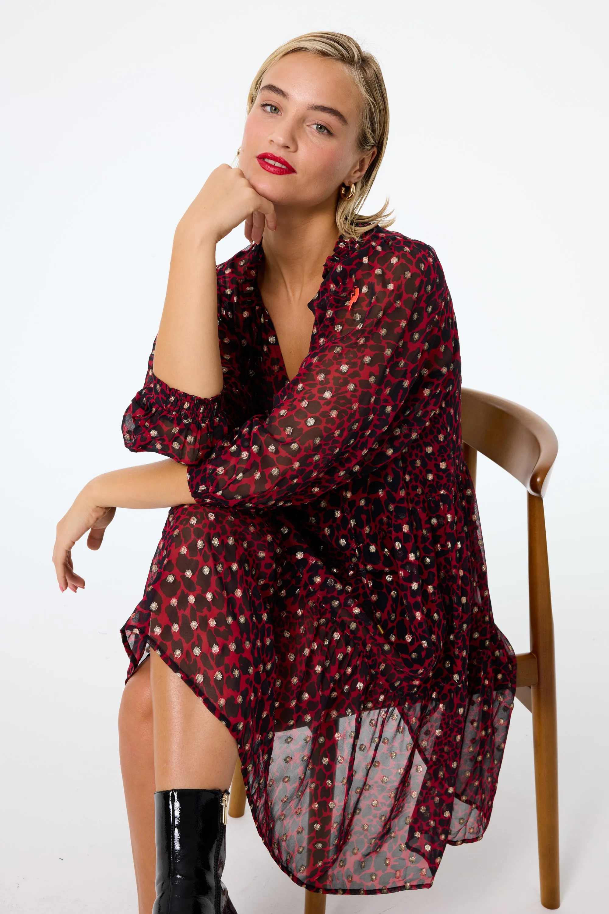 Midi-Length Red with Black and Gold Foil Chiffon Tiered Short Dress