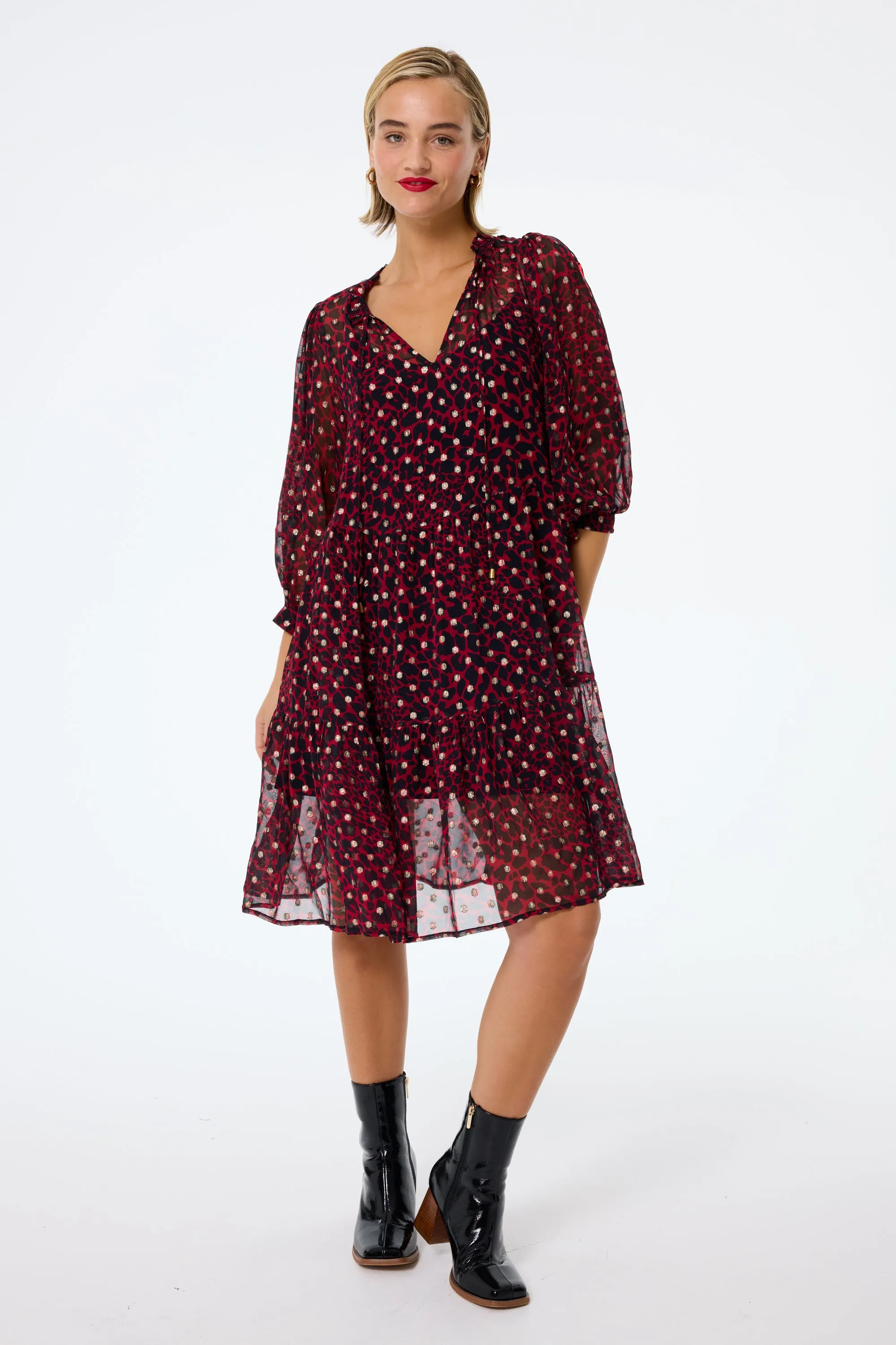 Red with Black and Gold Foil Chiffon Tiered Short Dress Cozy Style Tulle-Overlay
