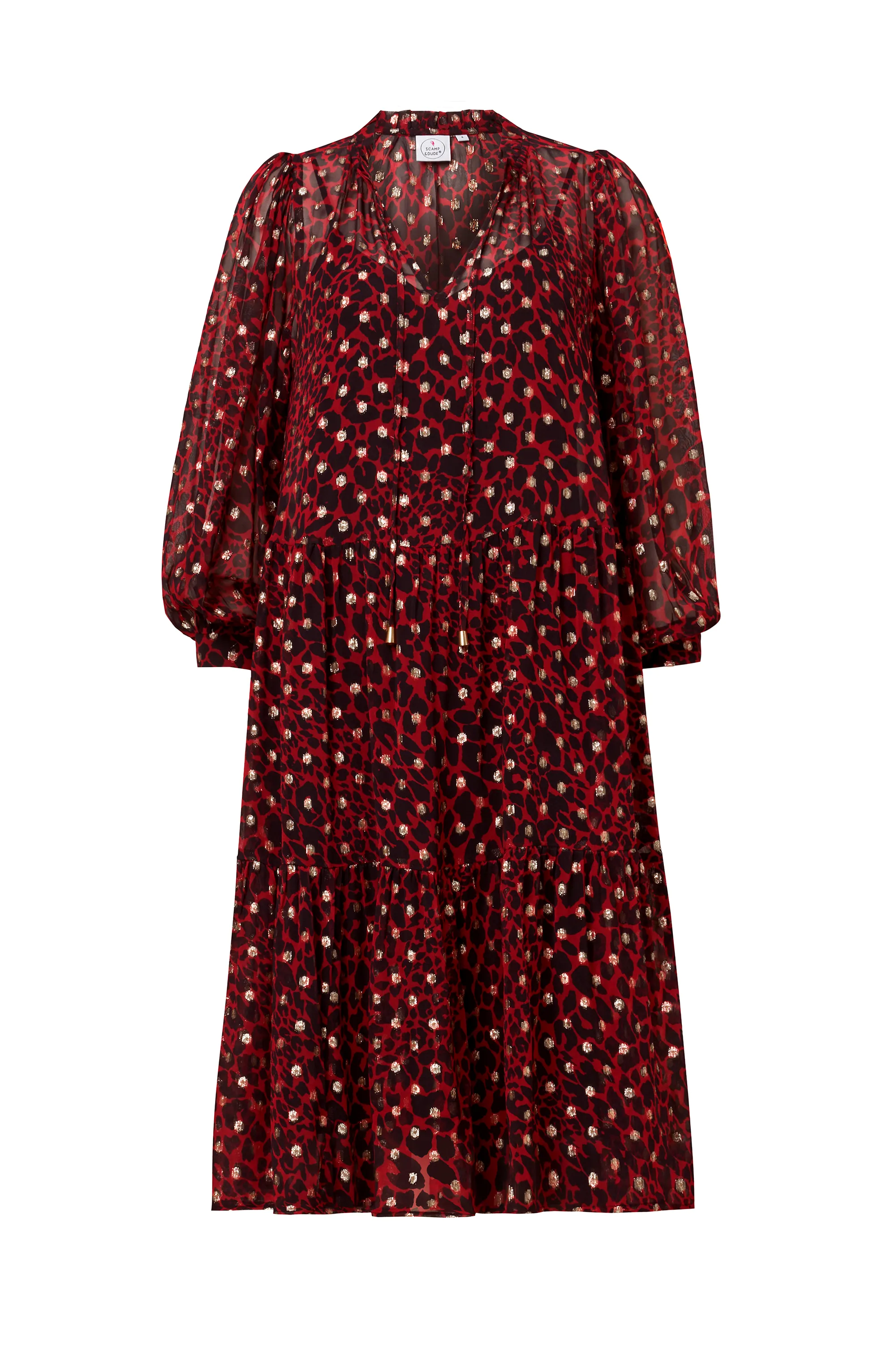 Red with Black and Gold Foil Chiffon Tiered Short Dress Lightweight Piece