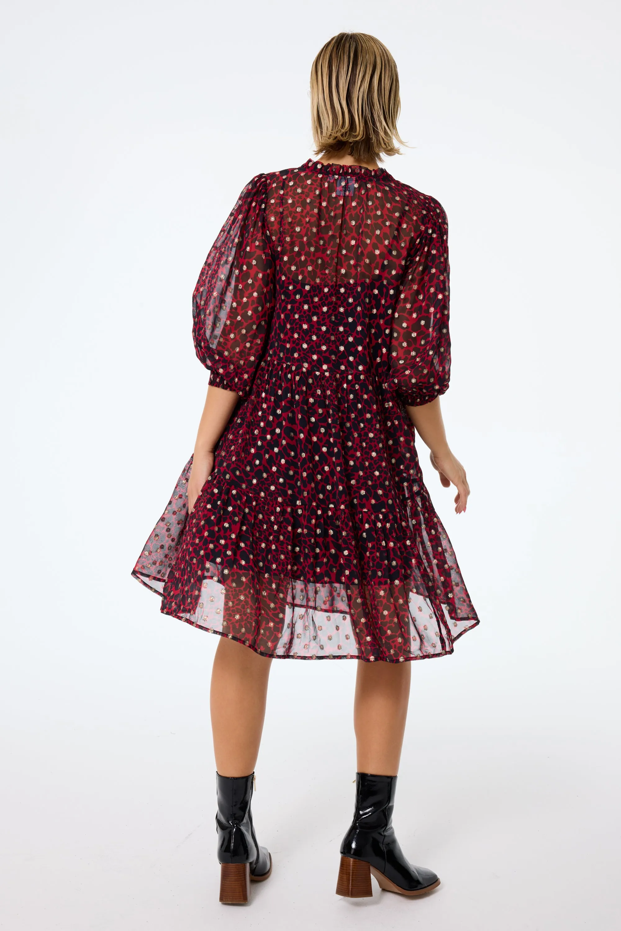 All-Purpose Comfort Red with Black and Gold Foil Chiffon Tiered Short Dress