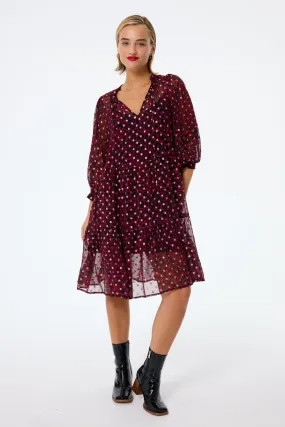 Red with Black and Gold Foil Chiffon Tiered Short Dress Cozy Style Tulle-Overlay