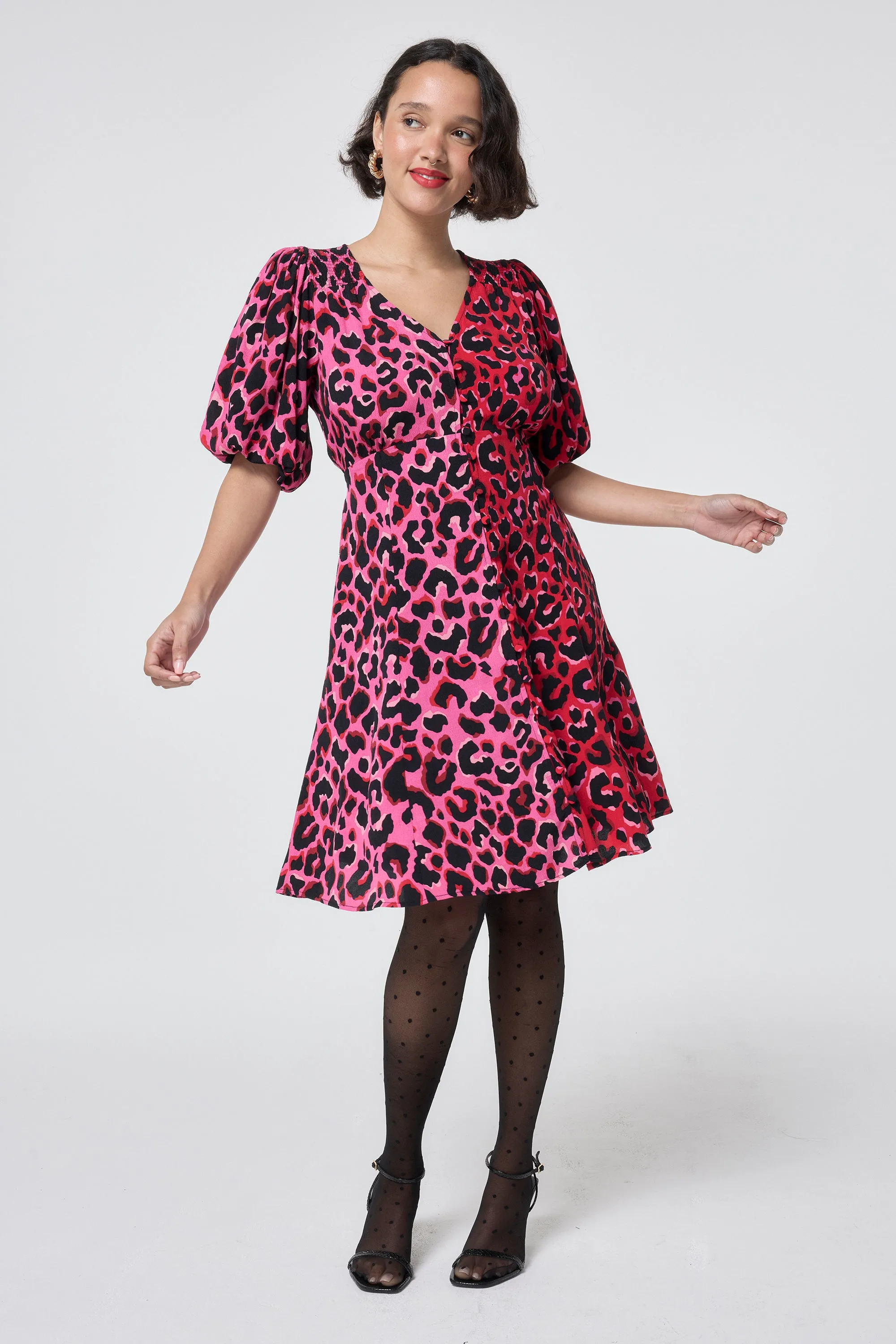Smile Glow Work Vibe Red with Pink and Black Mix and Match Pop Leopard Puff Sleeve Short Tea Dress