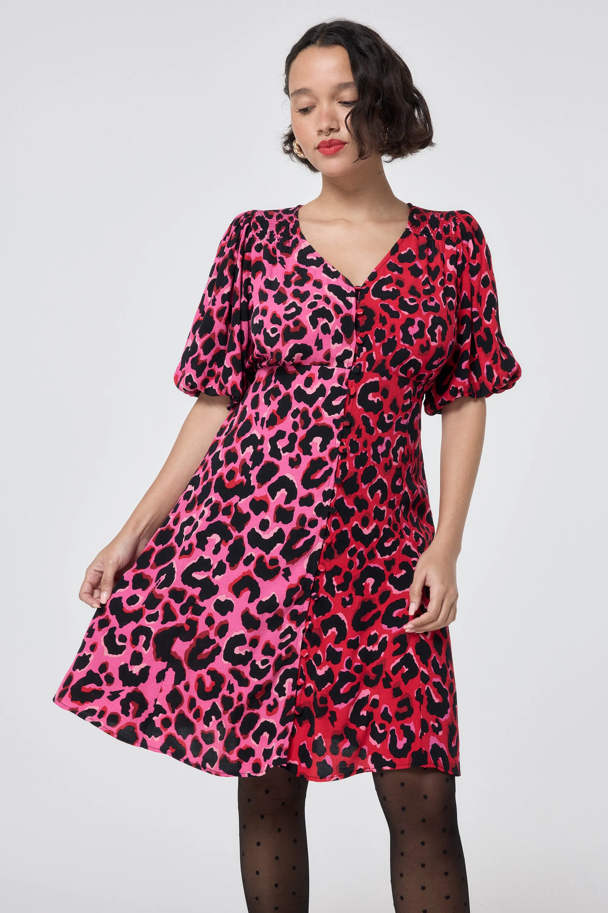 Red with Pink and Black Mix and Match Pop Leopard Puff Sleeve Short Tea Dress Luxe Touch Trendy Waist