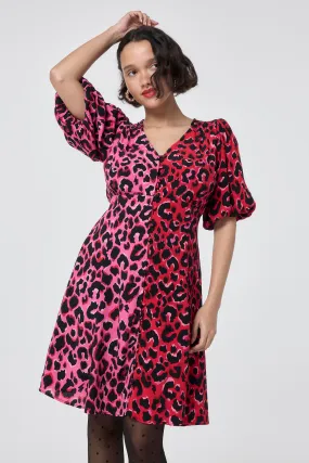 Chill Design Red with Pink and Black Mix and Match Pop Leopard Puff Sleeve Short Tea Dress