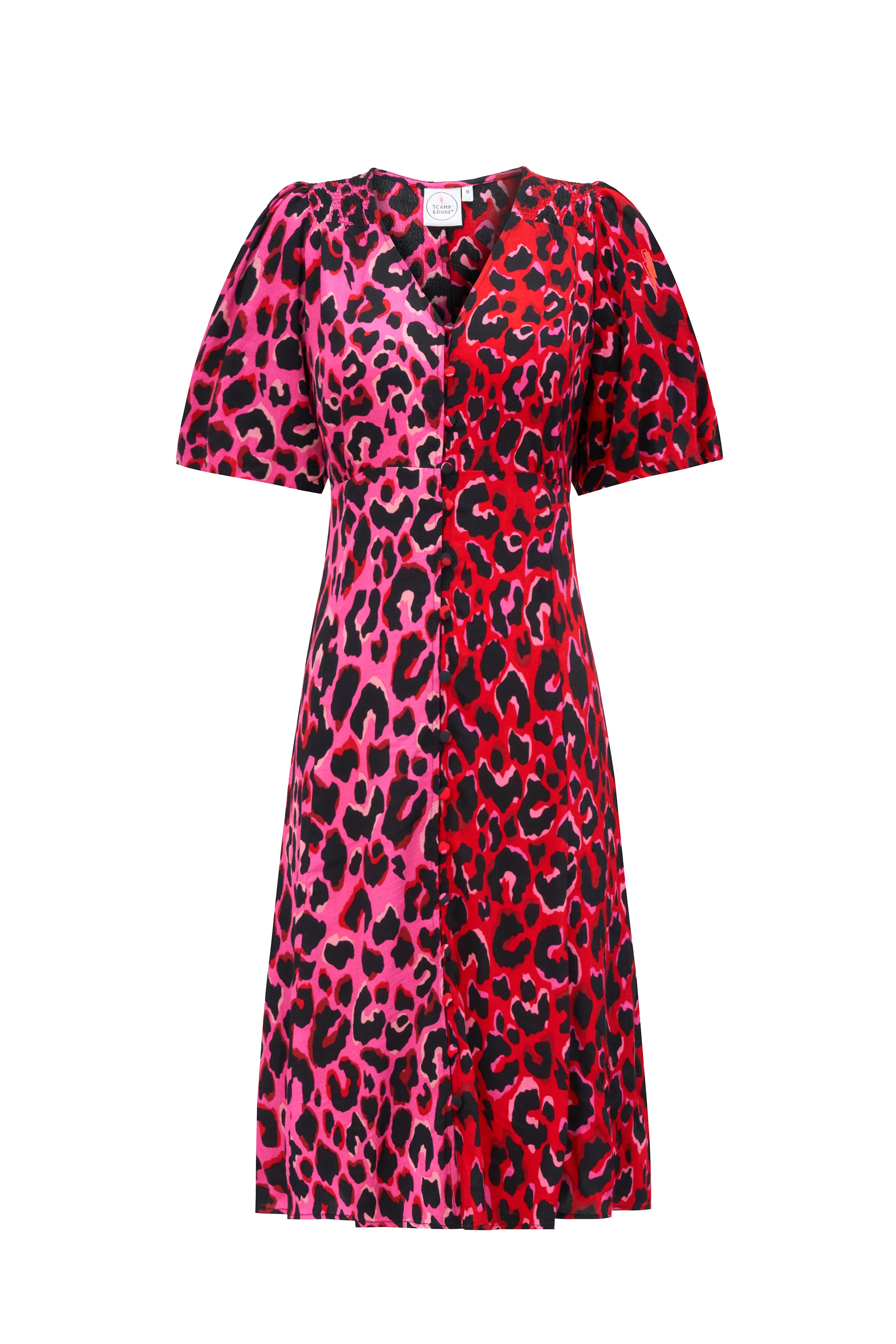 Red with Pink and Black Mix and Match Pop Leopard Puff Sleeve Short Tea Dress Elegant Waist Design Feminine Tailoring