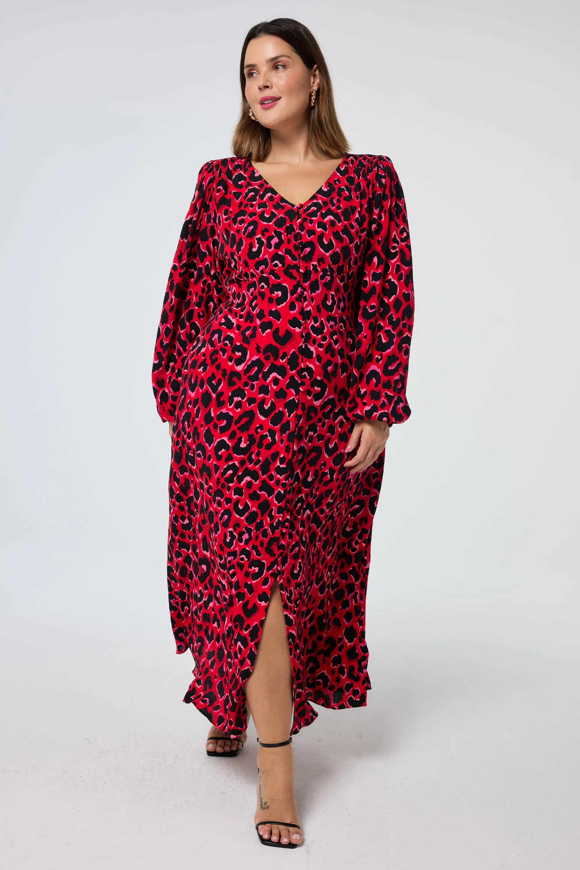 Red with Pink and Black Pop Leopard Blouson Sleeve Midi Tea Dress Fresh Look Winter Classic