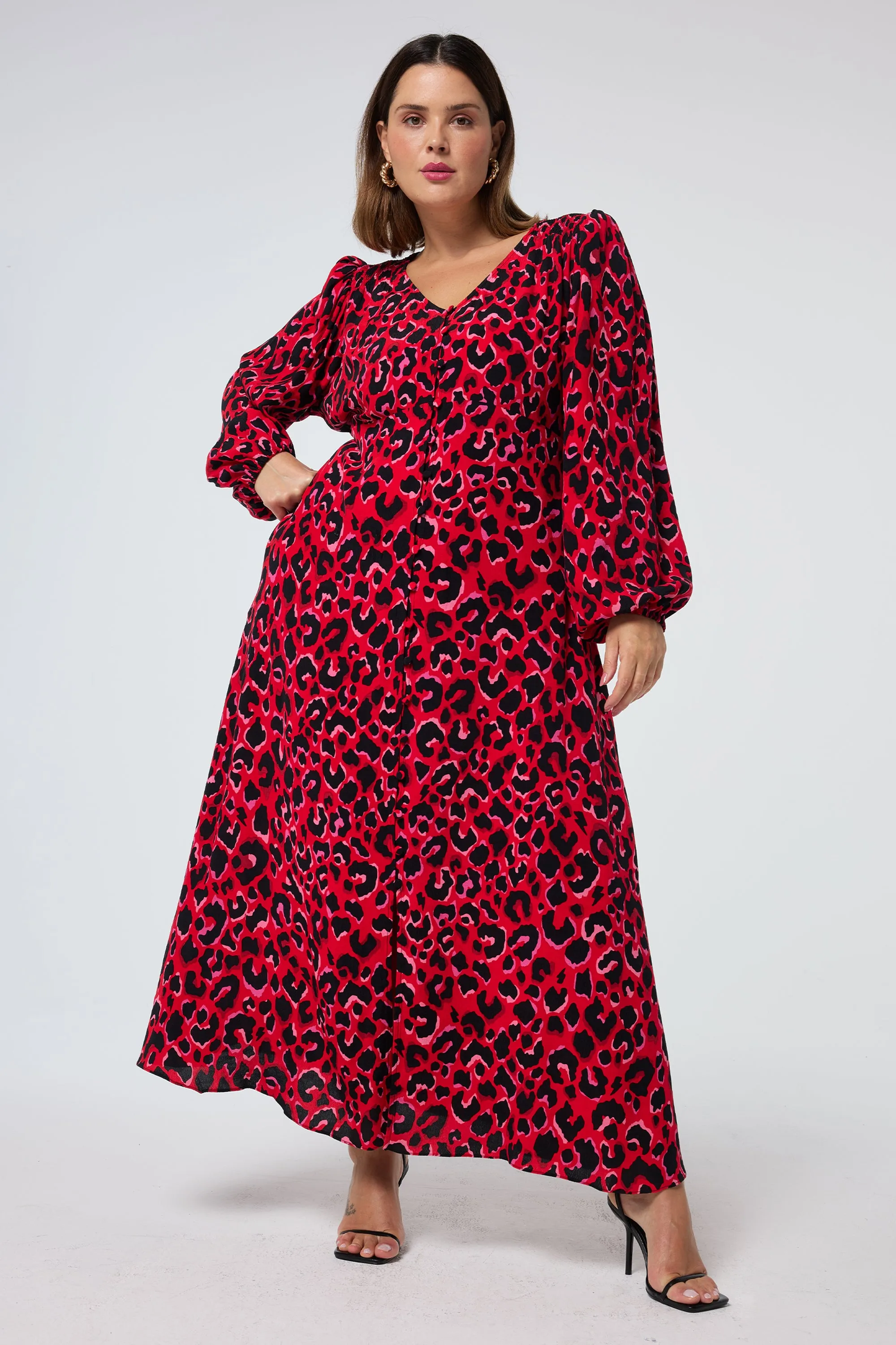 spring outfit Street Edge Red with Pink and Black Pop Leopard Blouson Sleeve Midi Tea Dress