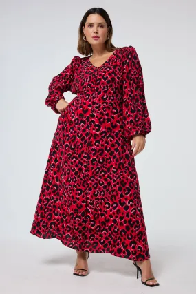 spring outfit Street Edge Red with Pink and Black Pop Leopard Blouson Sleeve Midi Tea Dress