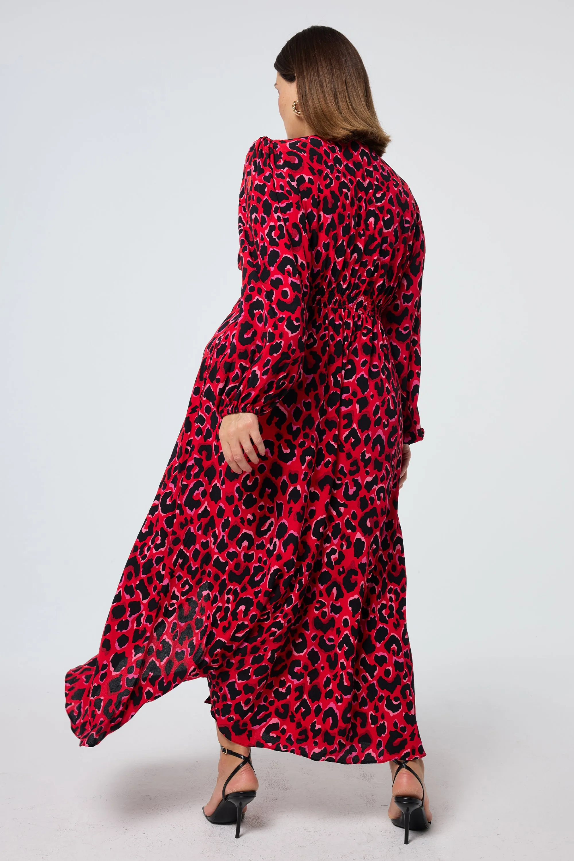 Red with Pink and Black Pop Leopard Blouson Sleeve Midi Tea Dress Contrast-Piping