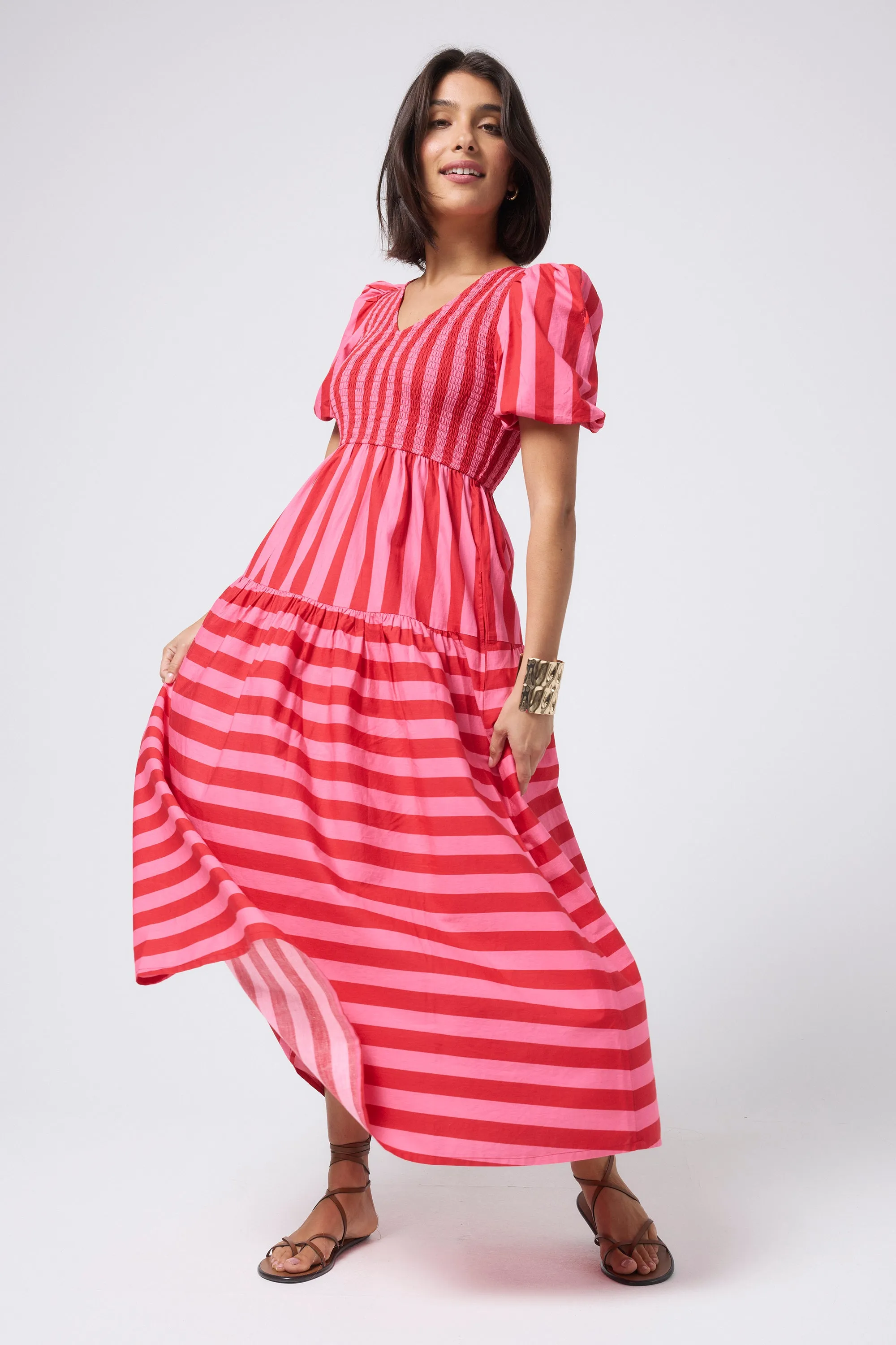 Classic Vibe Baby-Shower Red with Pink Stripe Puff Sleeve Maxi Dress