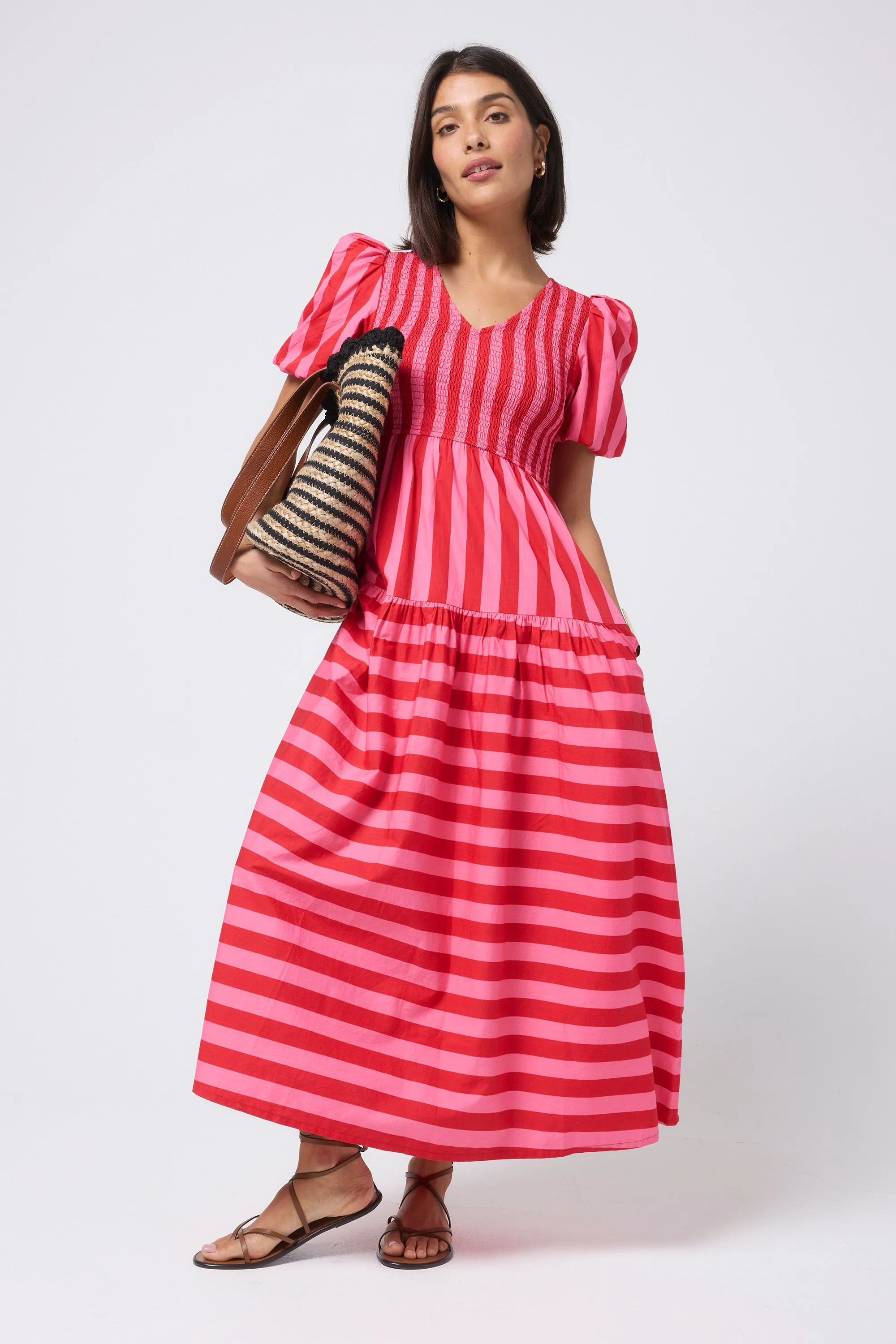 Red with Pink Stripe Puff Sleeve Maxi Dress Midnight Mood
