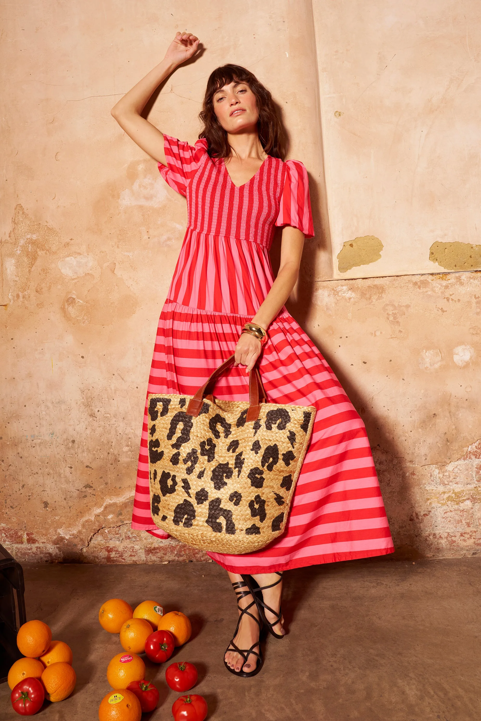 Red with Pink Stripe Puff Sleeve Maxi Dress Wrap-Style
