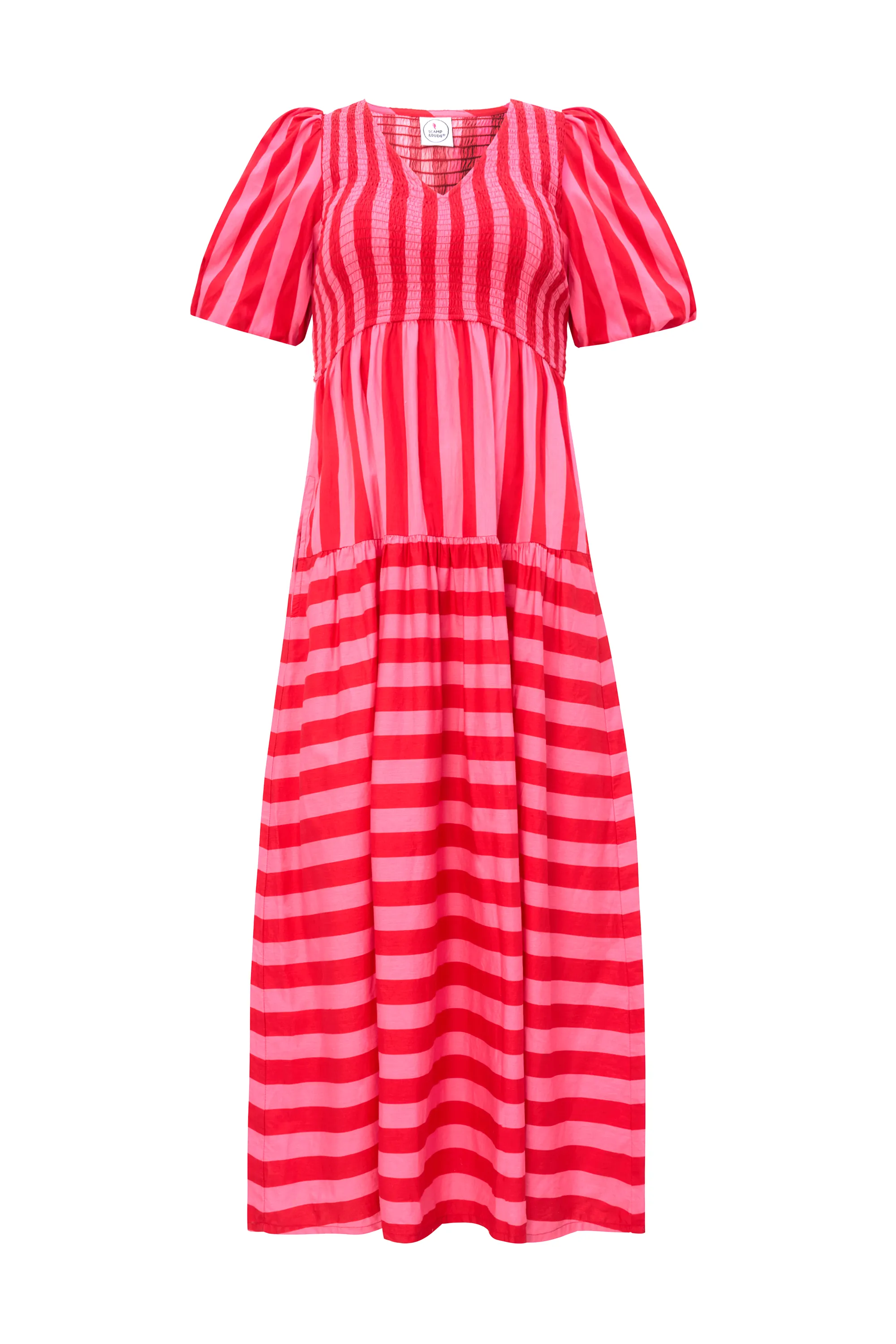 Red with Pink Stripe Puff Sleeve Maxi Dress Versatile occasion dress