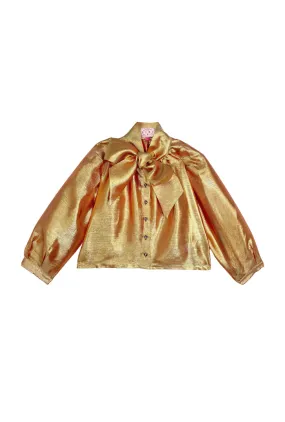 Multi Directional Mobility Ribbed Trims Big Bow Blouse Cropped - Gold Organza