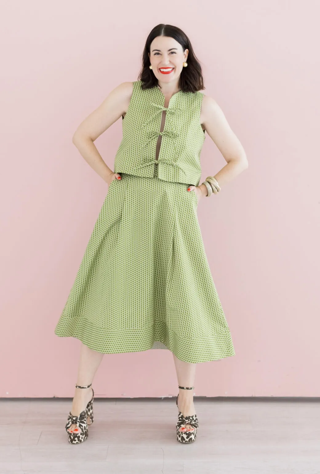 Buru x Val Flat Front MIDI Skirt  - Green Polka Dot Warm Fit