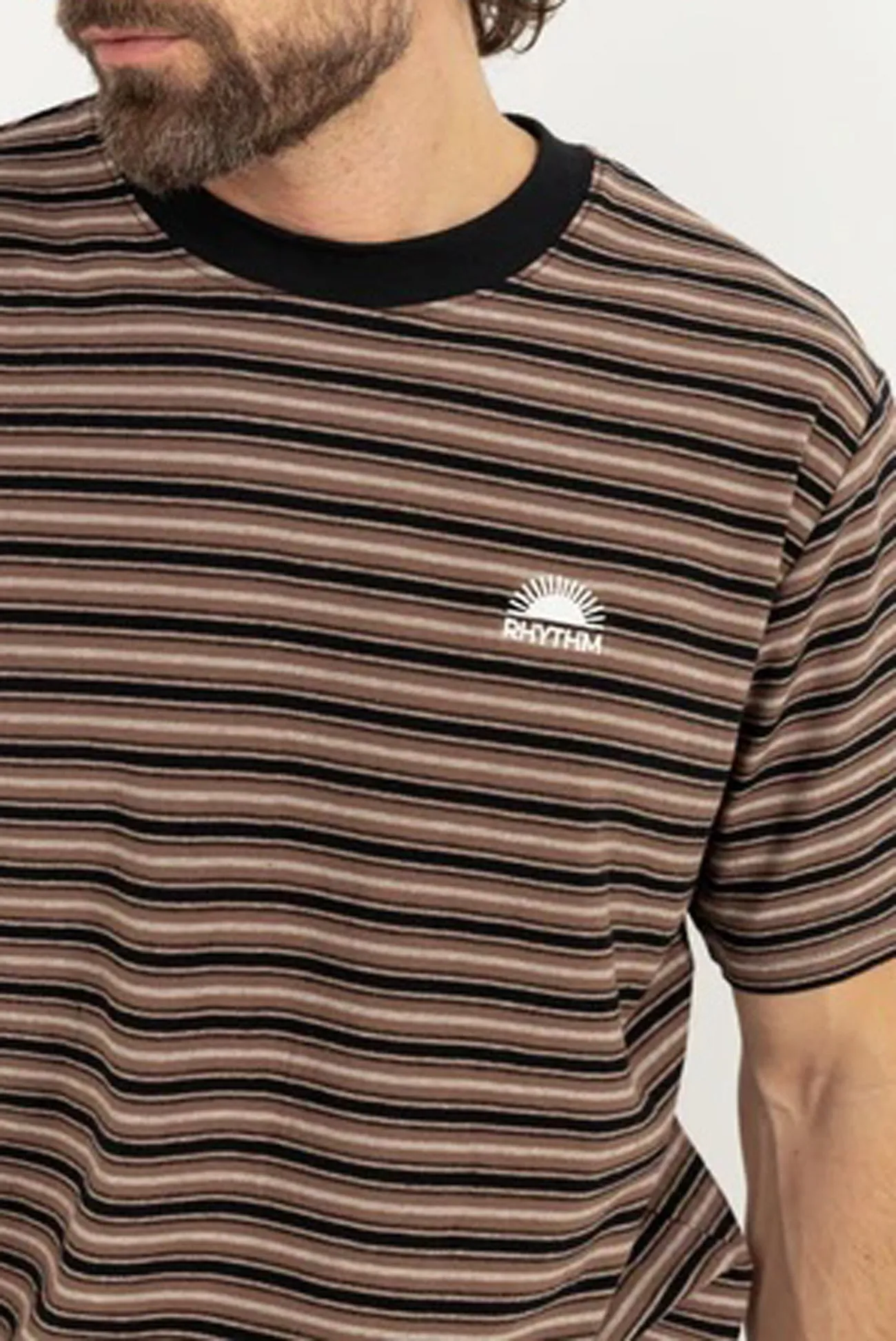 Layered Placket Design MultiPocketDesign Vintage Stripe Short Sleeve T-Shirt Latte